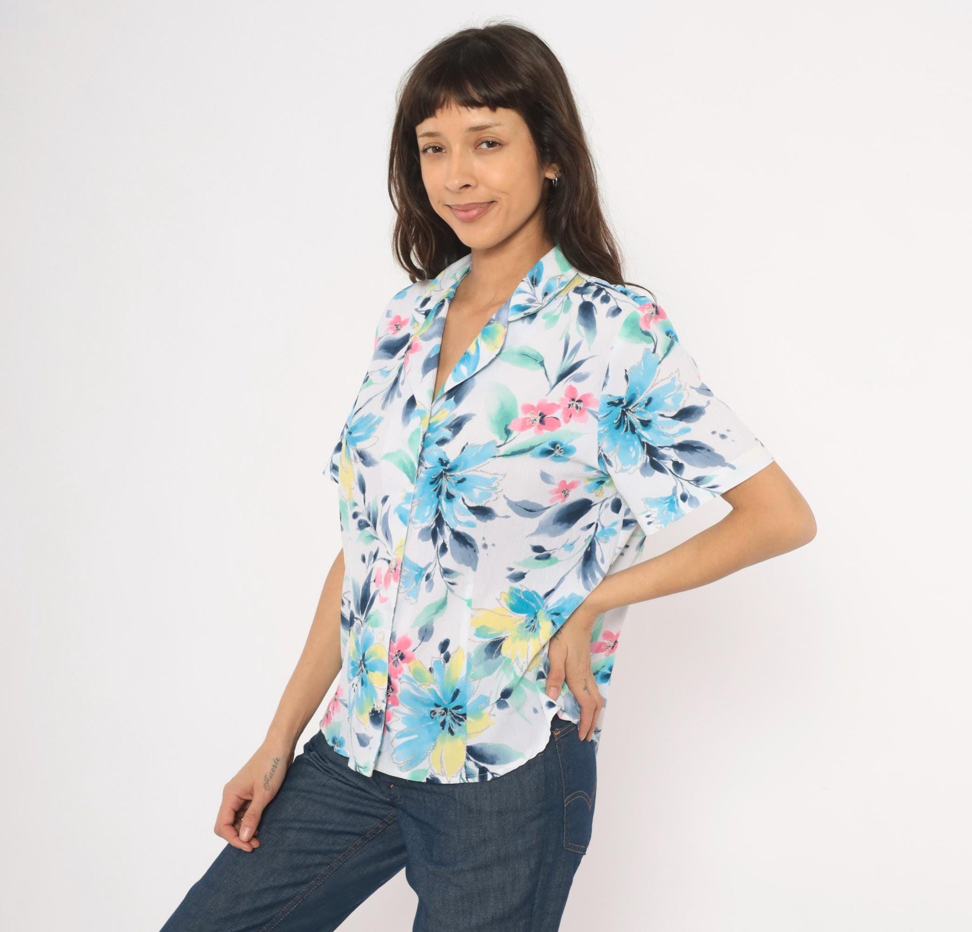 90s Alfred Dunner Watercolor Floral Camp Collar Blouse Blue Pink Yellow Extra Large XL