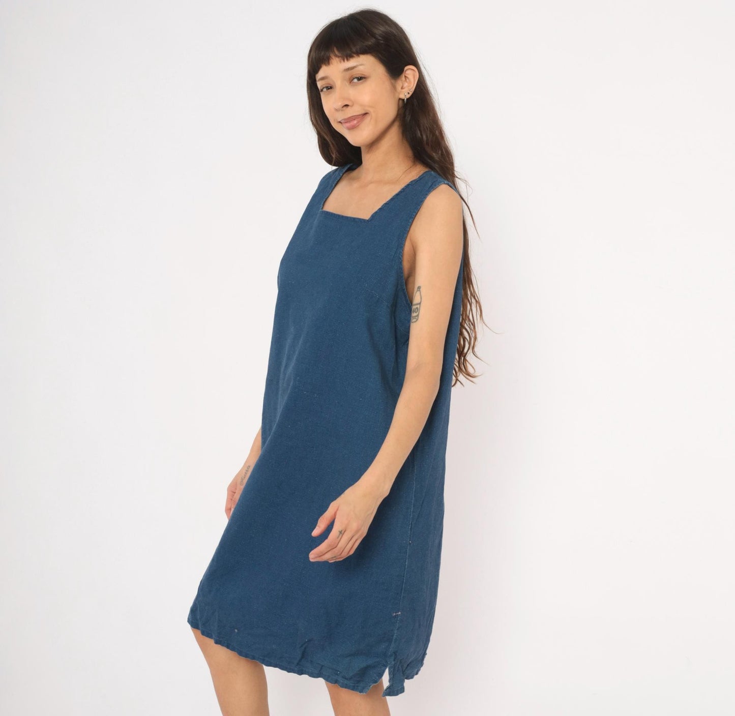 90s Portraits Navy Denim Shift Dress Square Neck Knee-Length Cotton Extra Large XL