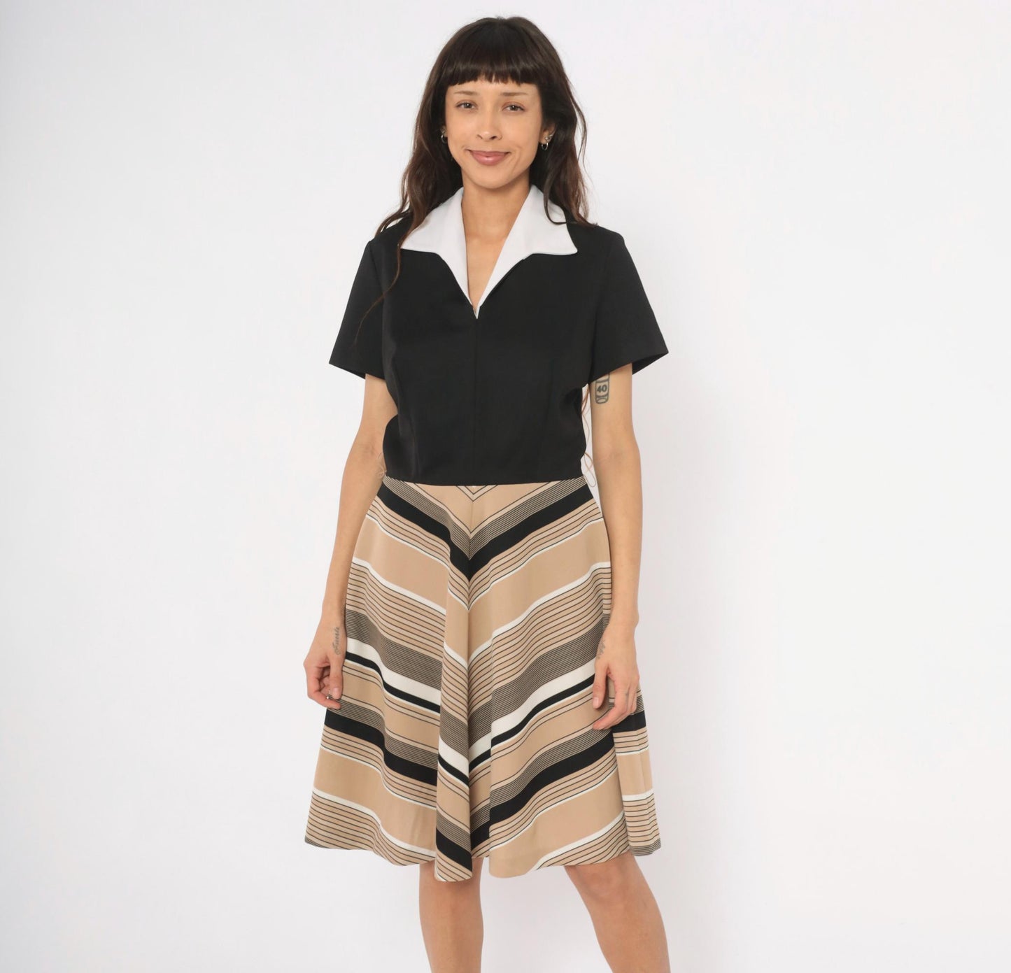 70s Lampl Chevron Stripe Polo Dress Black Tan Knee-Length Flared Large L