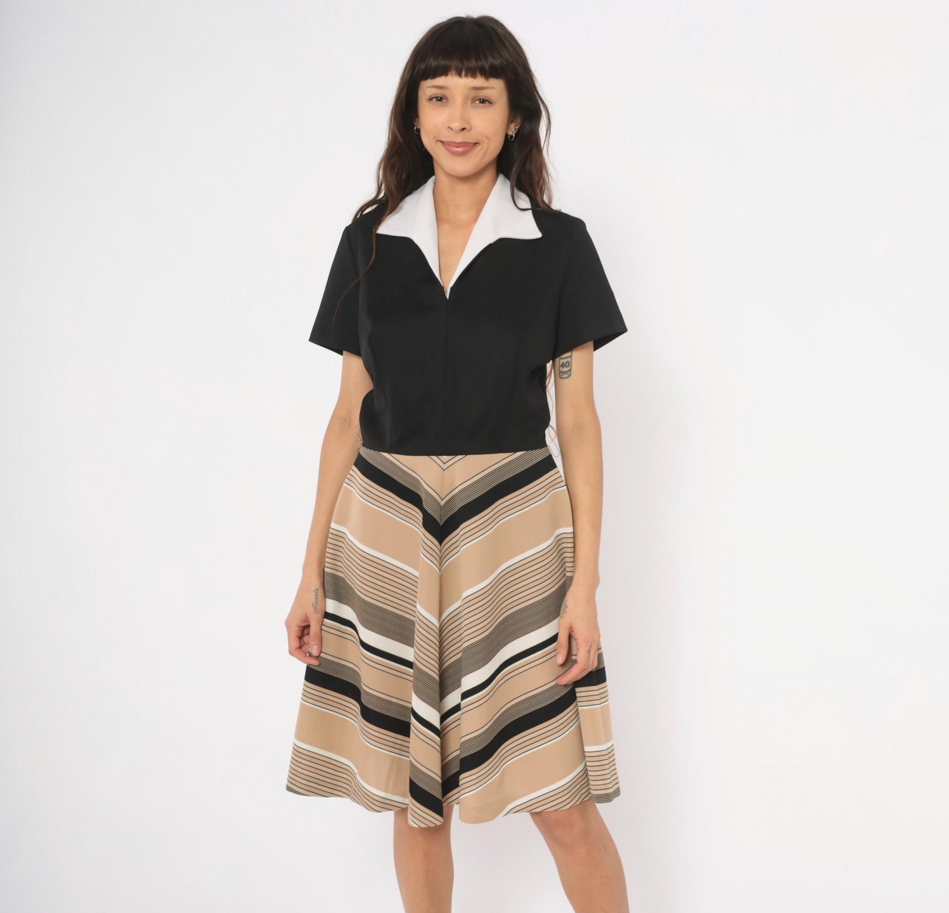 70s Lampl Chevron Stripe Polo Dress Black Tan Knee-Length Flared Large L