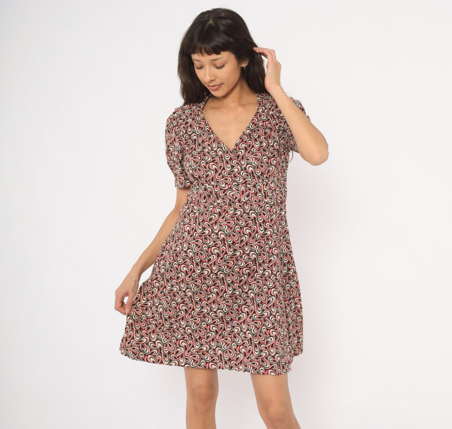 90s Psychedelic Swirl V-Neck Puff Sleeve Dress Red Black White Cotton Large L