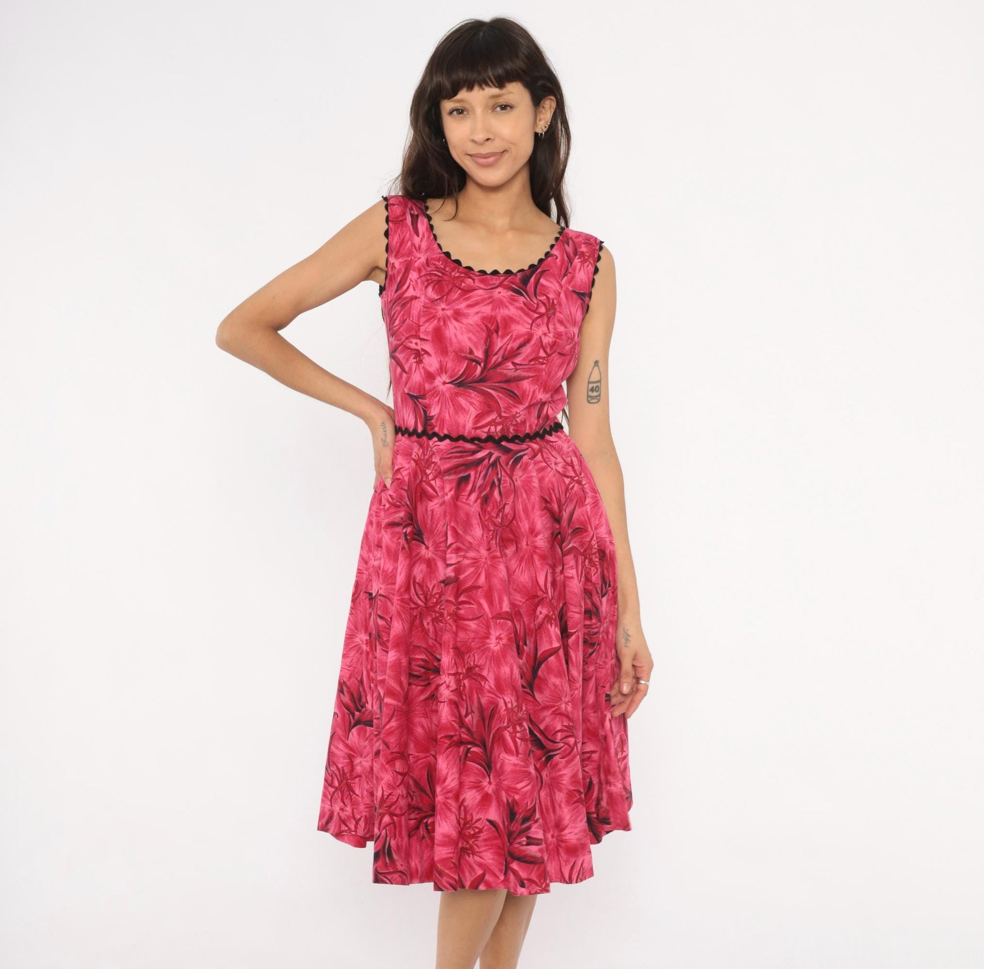60s Tropical Floral A-Line Dress Pink Black Ric Rac Cotton Small