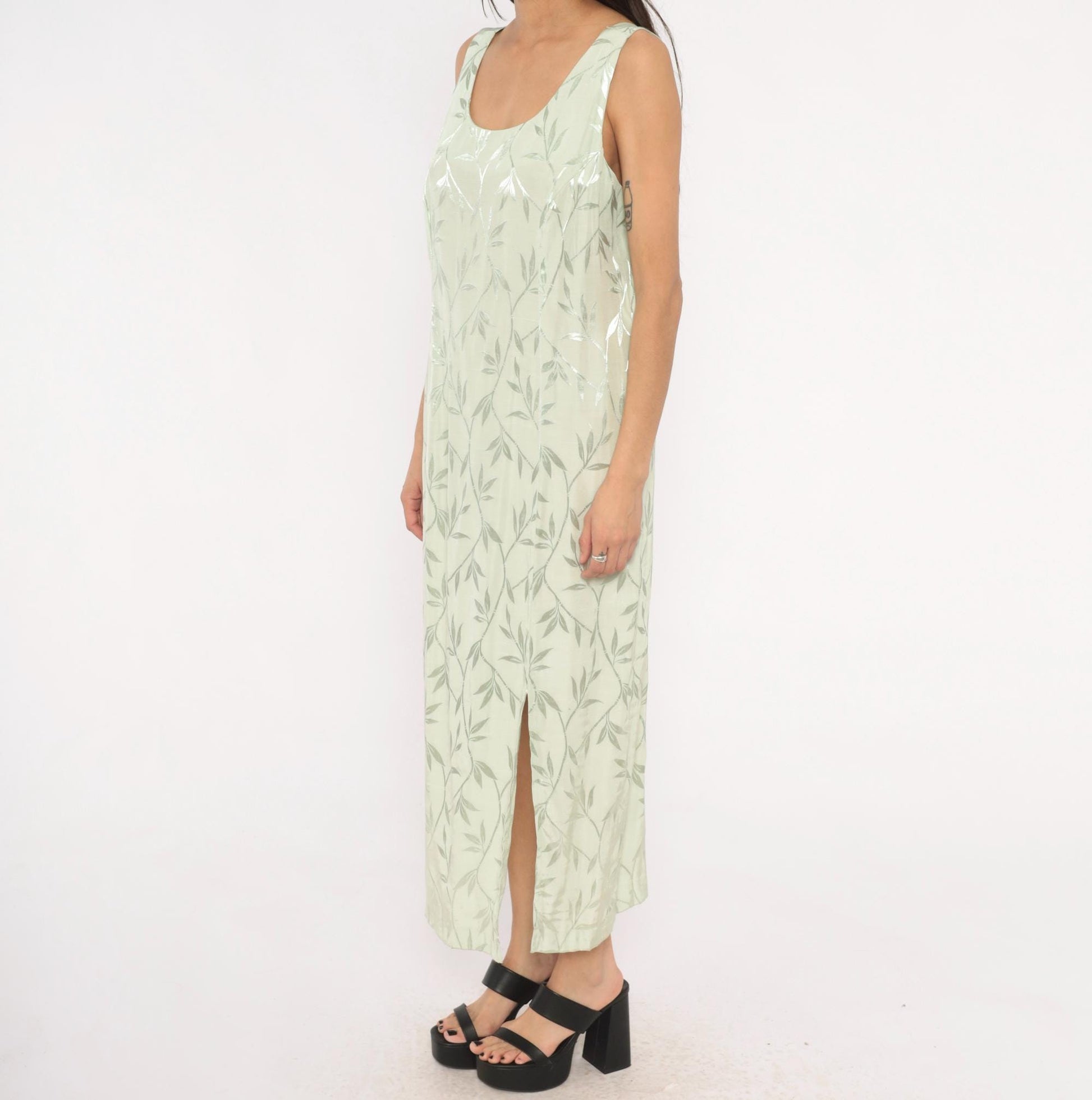 90s Sage Green Leaf Print Maxi Dress Sleeveless Scoop Neck Column Slit Ankle Large L