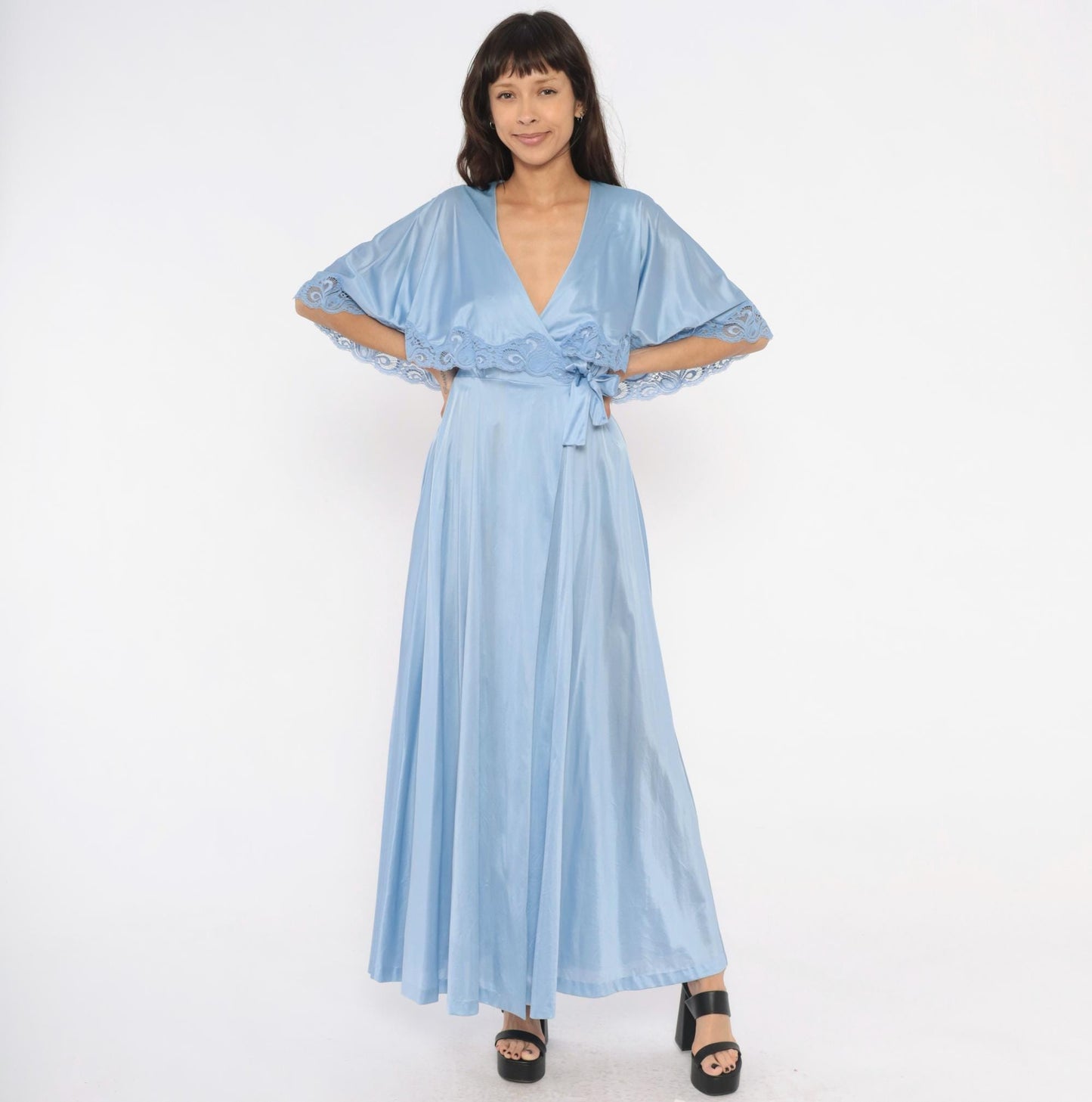 70s Lily of France Powder Blue Maxi Robe Wrap Nylon Lace Trim Small S