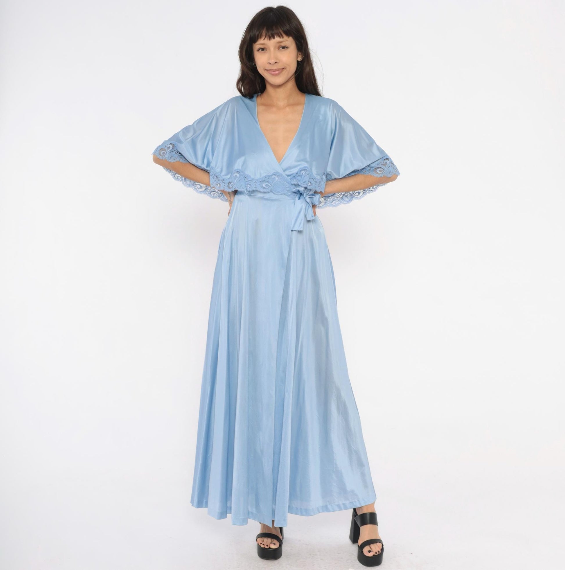70s Lily of France Powder Blue Maxi Robe Wrap Nylon Lace Trim Small S