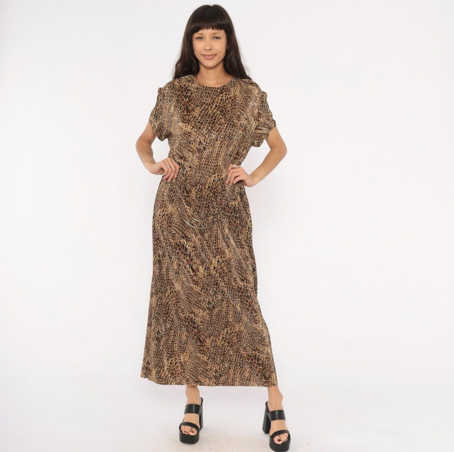 90s Scarlett Snakeskin Maxi Dress Brown Tan Black Animal Print Shift Extra Large