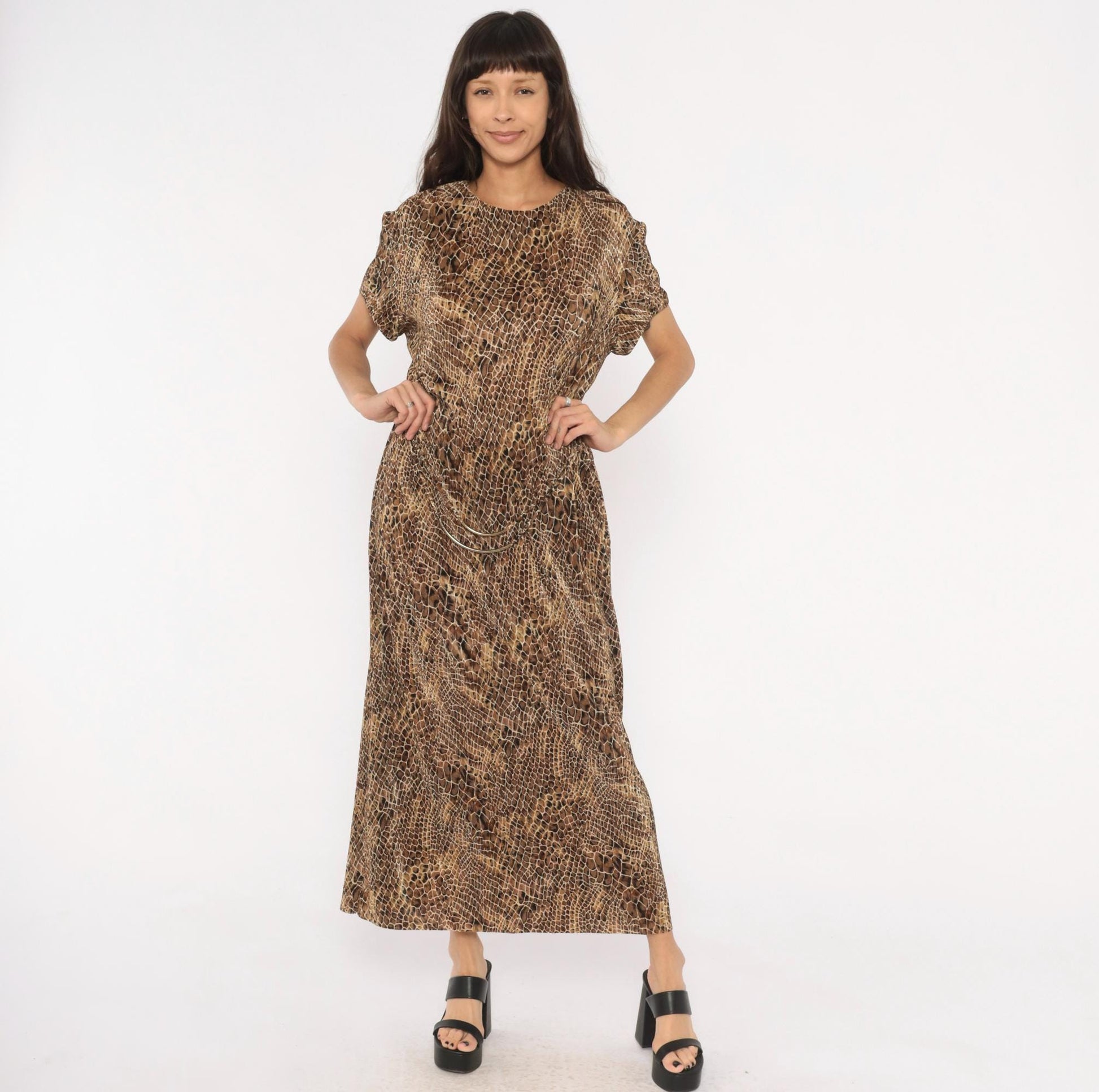 90s Scarlett Snakeskin Maxi Dress Brown Tan Black Animal Print Shift Extra Large