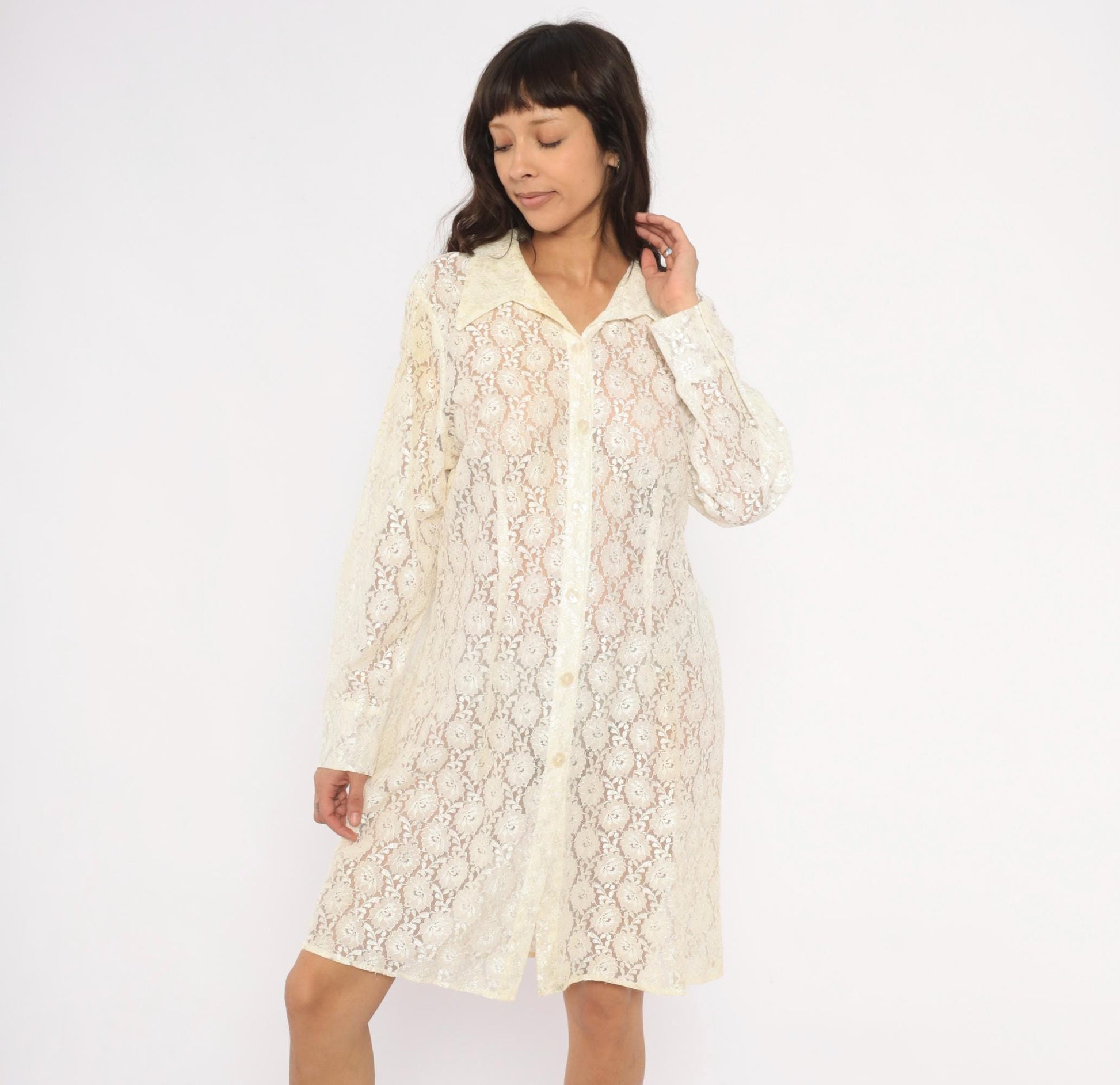 90s Deparis Cream Floral Lace Shirt Dress Knee Length Collared Large