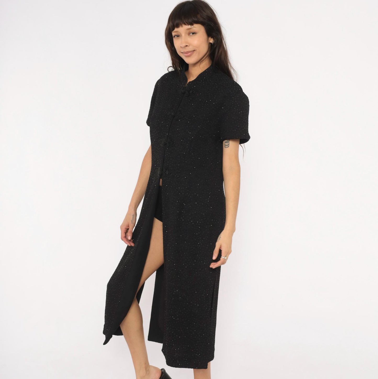 90s R&M Richards Black Glitter Cheongsam Midi Dress Frog Closure Mandarin Collar Extra Large