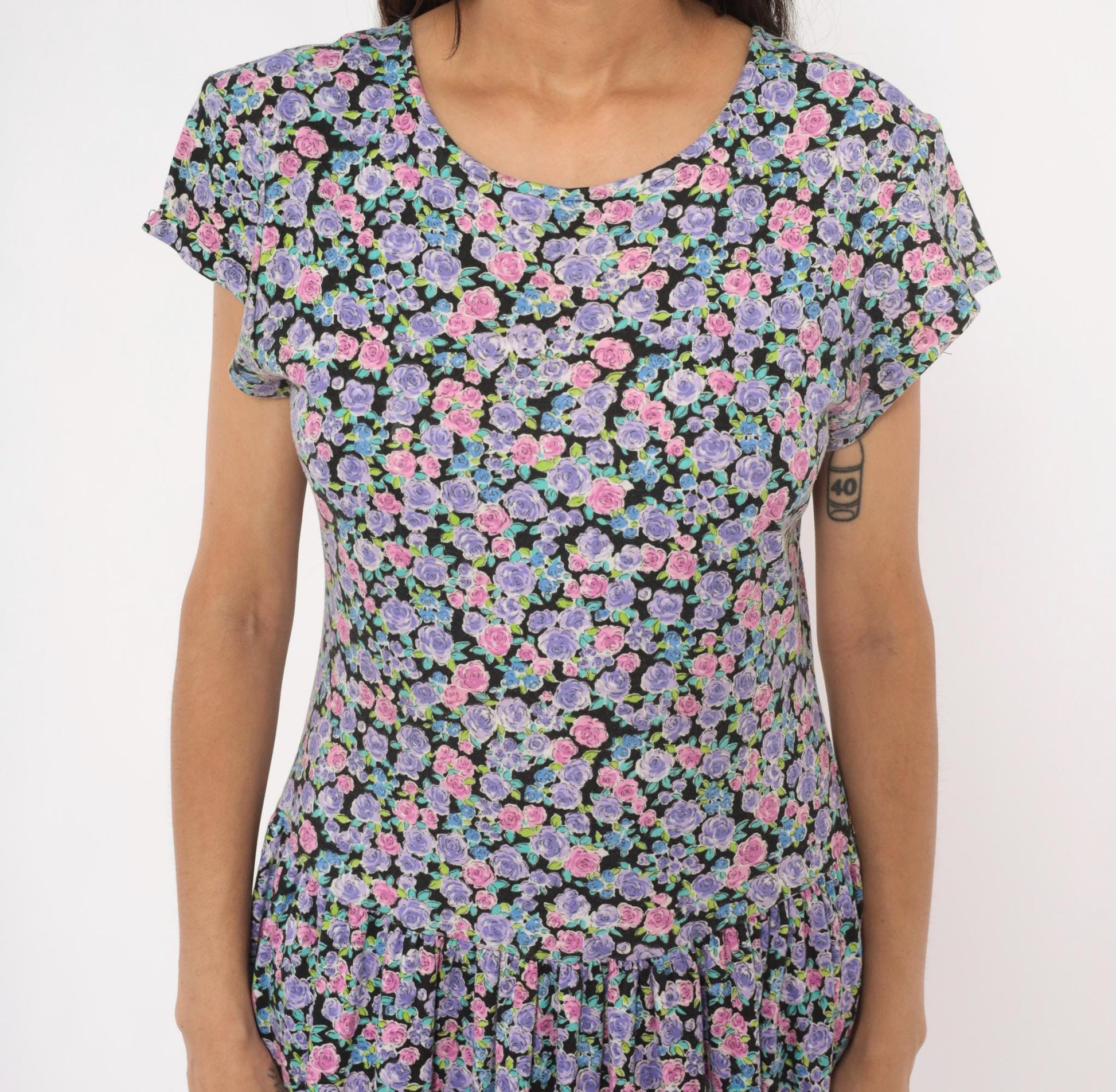 90s Sunshine Starshine Floral Midi Dress Purple Pink Rose Cap Sleeve Large