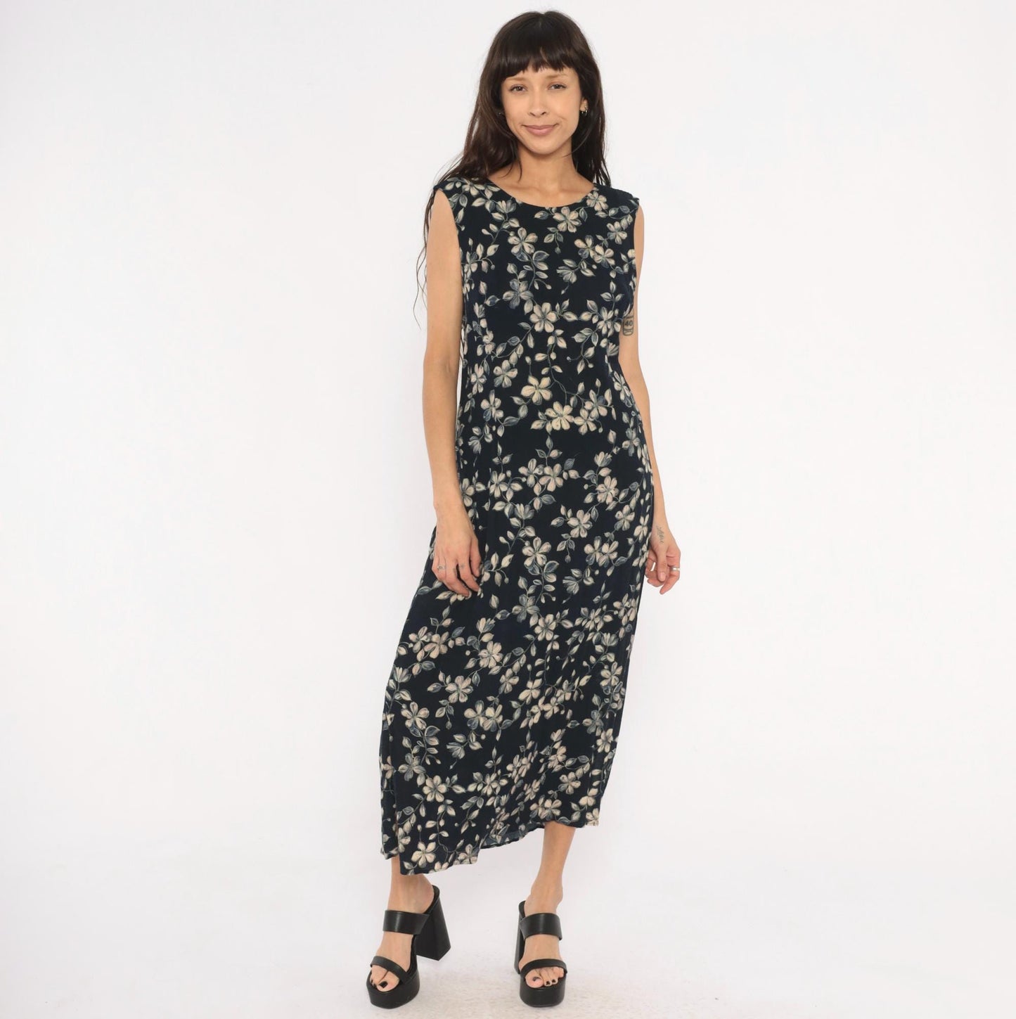 90s Northern Reflections Floral Maxi Dress Navy Cream Grey Keyhole Tie Back Large