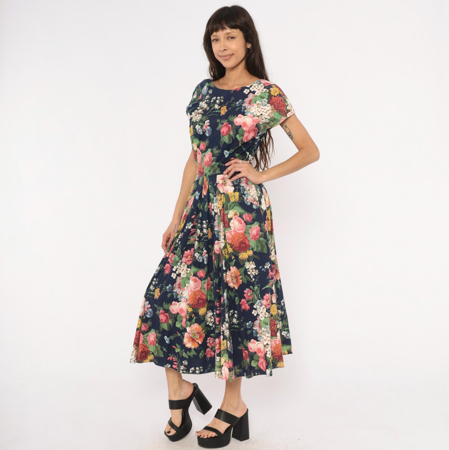 90s E.D. Michaels Floral Midi Dress Navy Cotton Garden Print Scoop Back Small