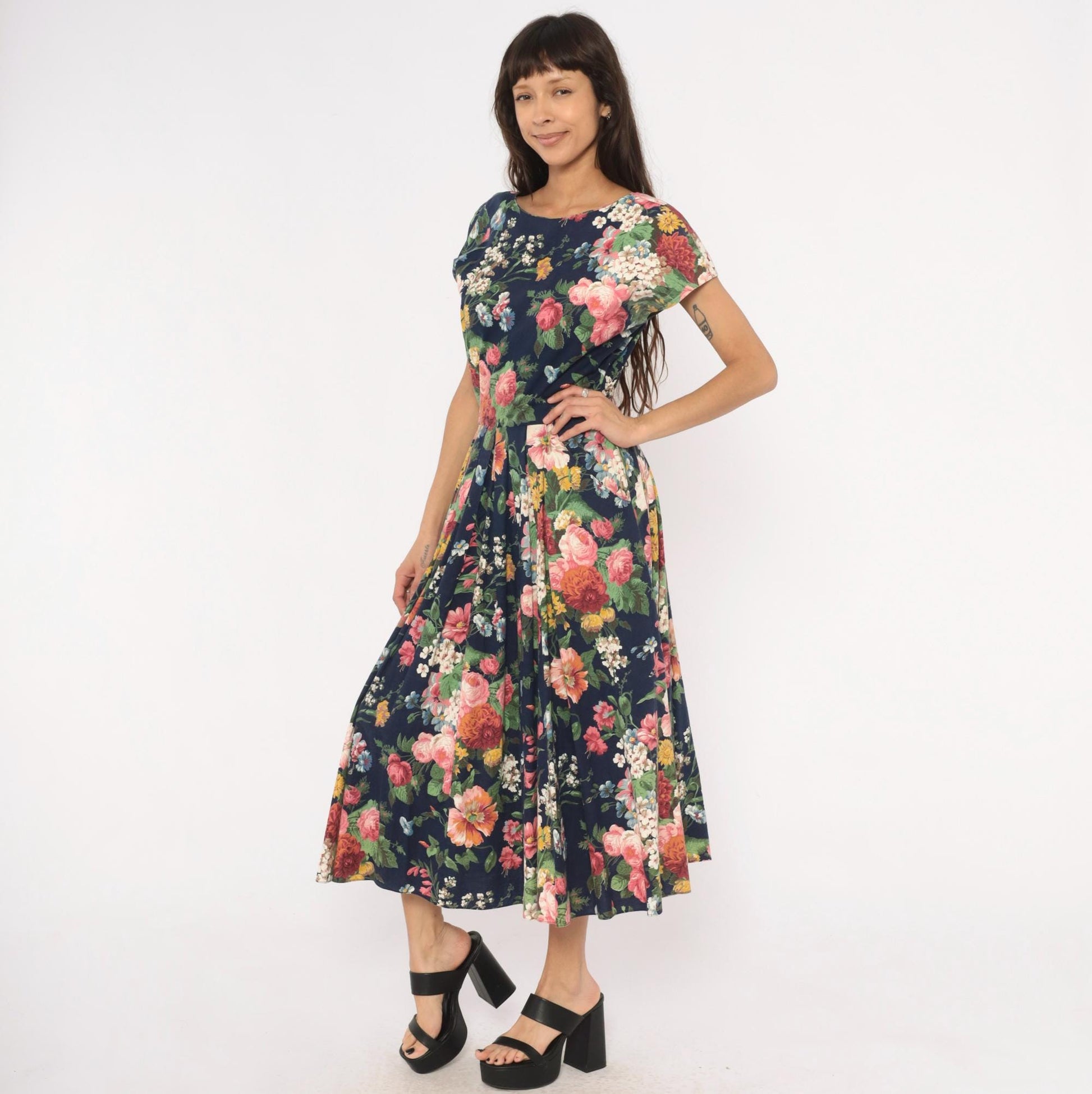 90s E.D. Michaels Floral Midi Dress Navy Cotton Garden Print Scoop Back Small