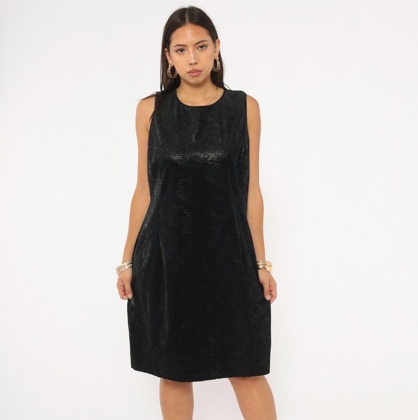 90s Robbie Bee Black Snakeskin Shift Dress Keyhole Back Knee Length Large L