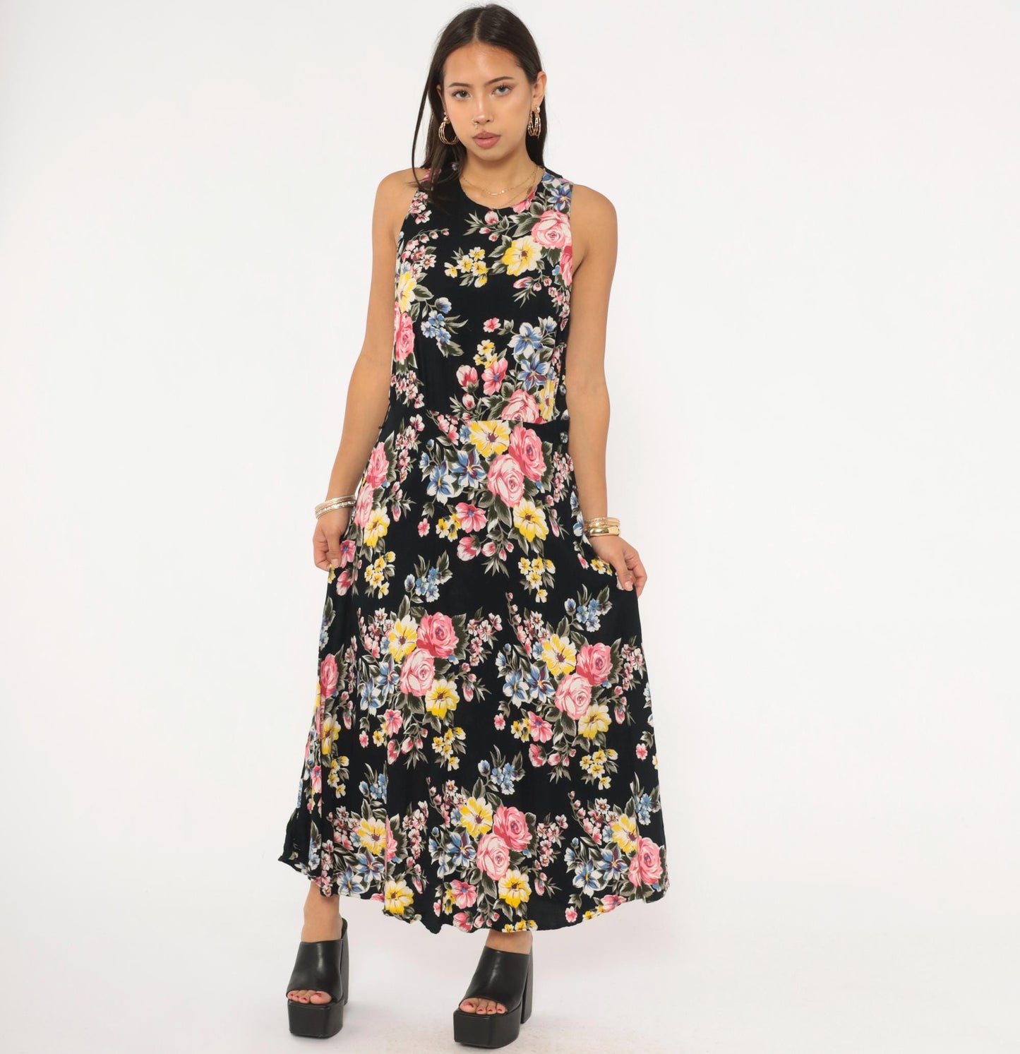 90s Style Works Floral Maxi Dress Black Pink Rose Yellow Blue Sleeveless Medium M