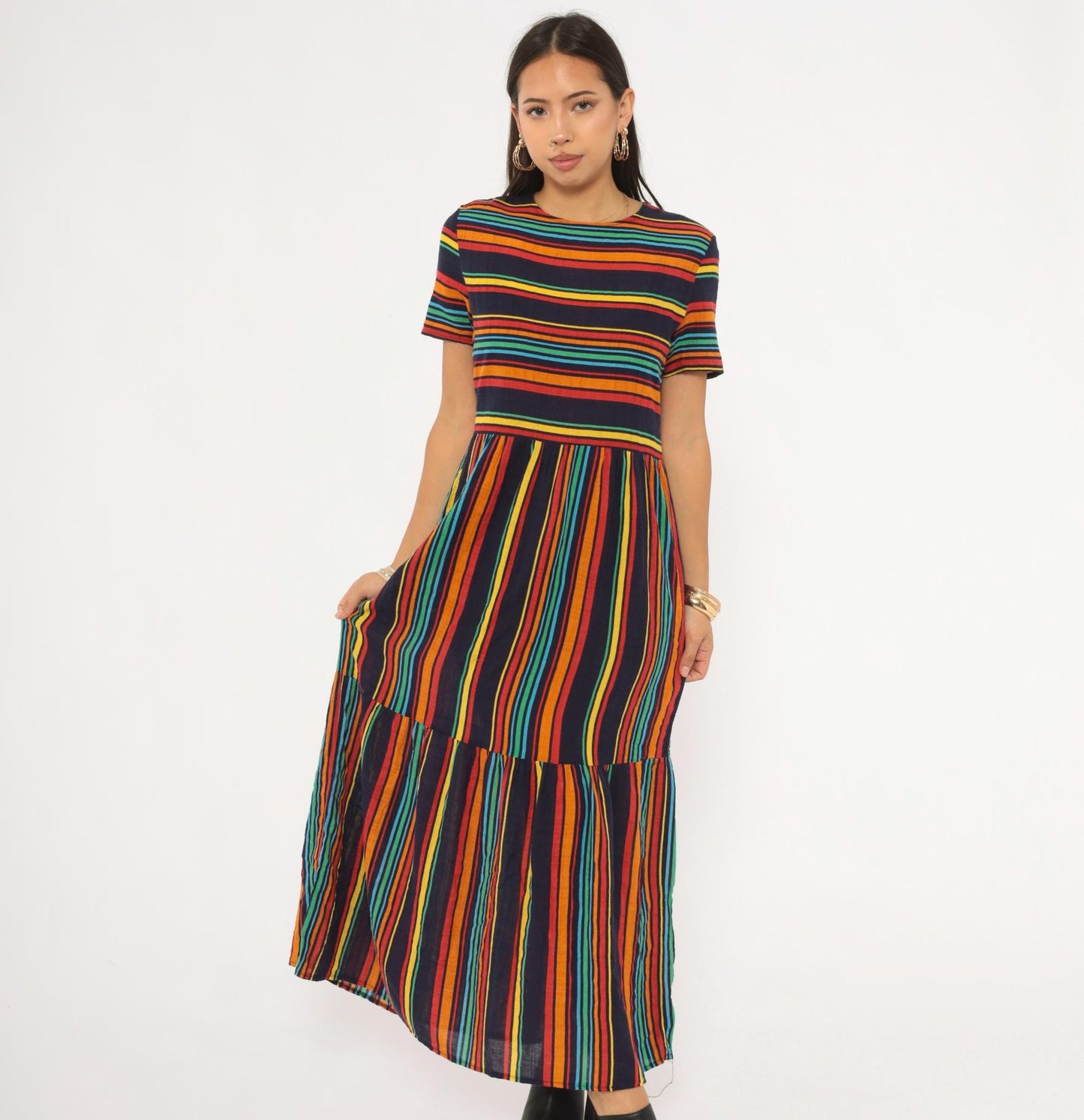 2000s Rainbow Stripe Maxi Dress Navy Multicolor Tiered Skirt Medium M
