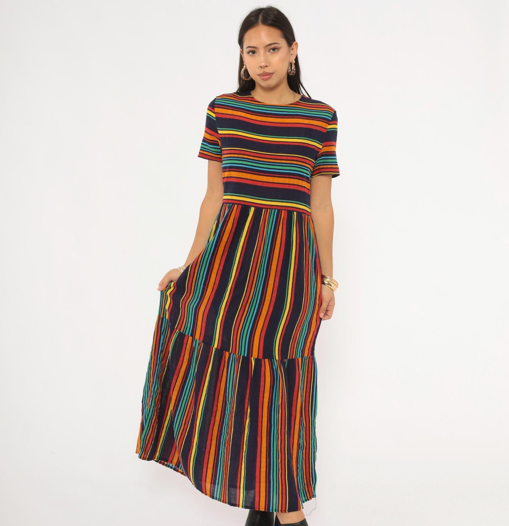 2000s Rainbow Stripe Maxi Dress Navy Multicolor Tiered Skirt Medium M