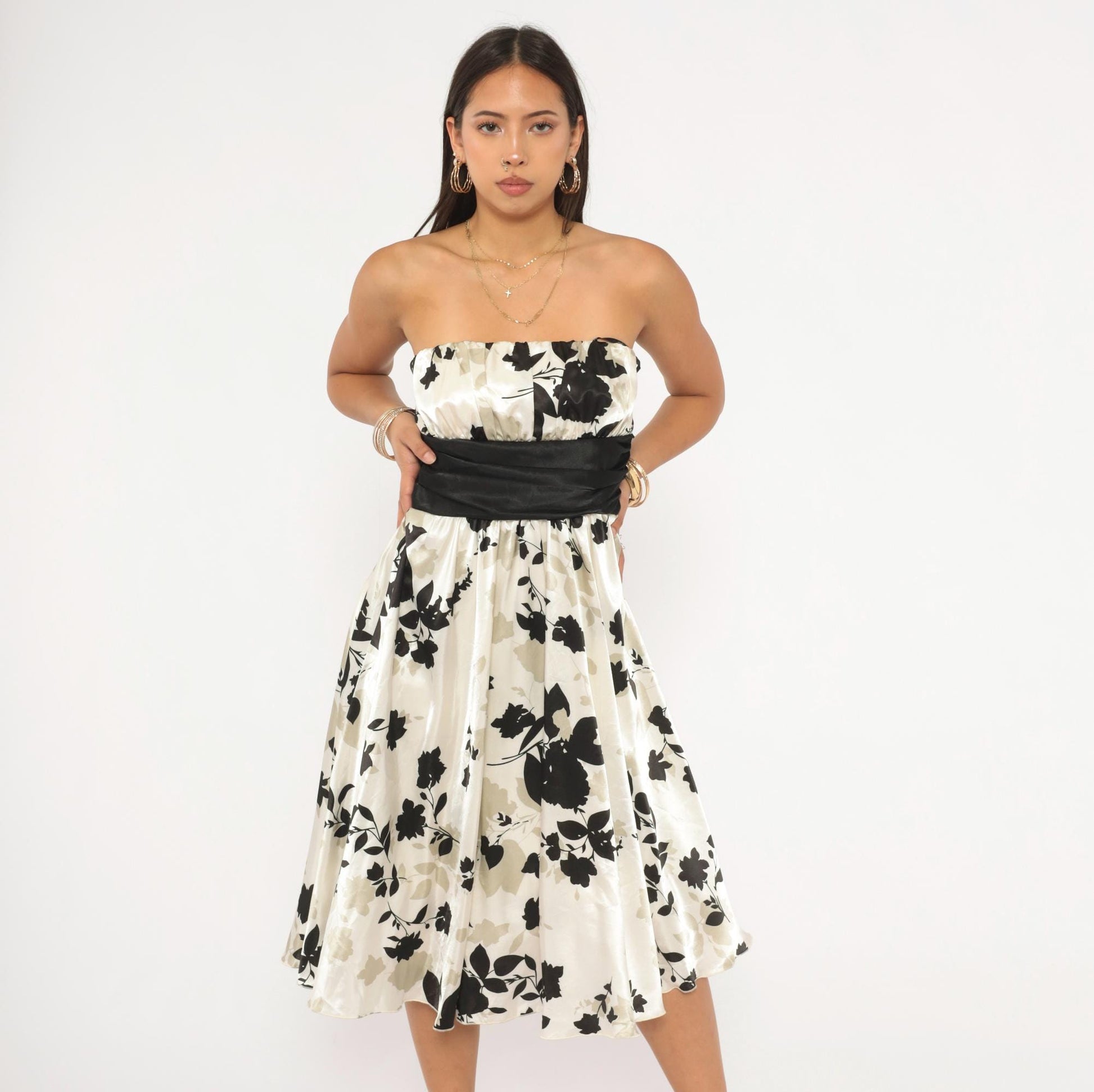 Y2K Intrigue Strapless Floral Mini Dress Black Cream Satin Empire Waist Medium
