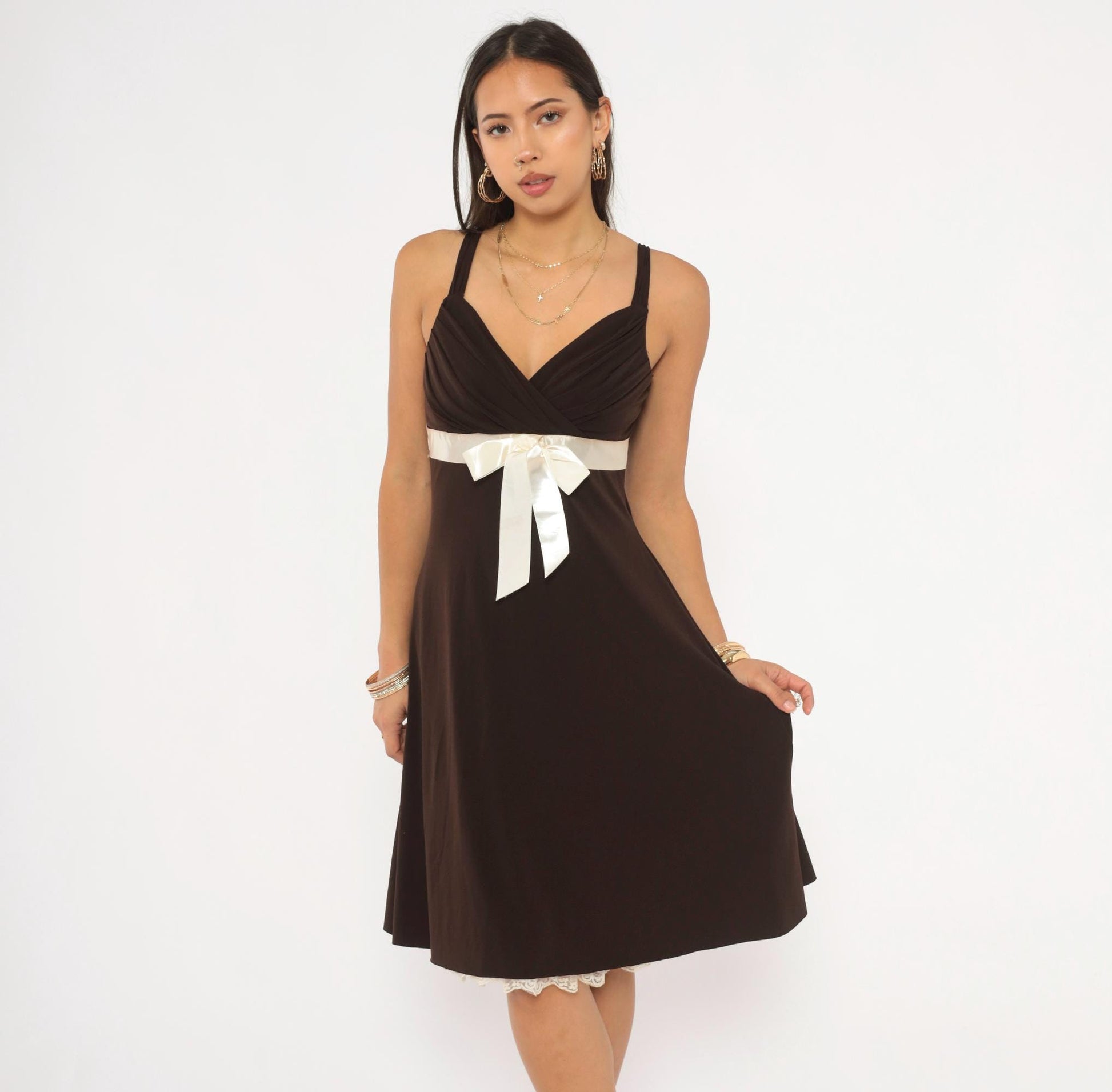 Y2K My Michelle Chocolate Brown Mini Dress Satin Bow Empire Waist Medium M