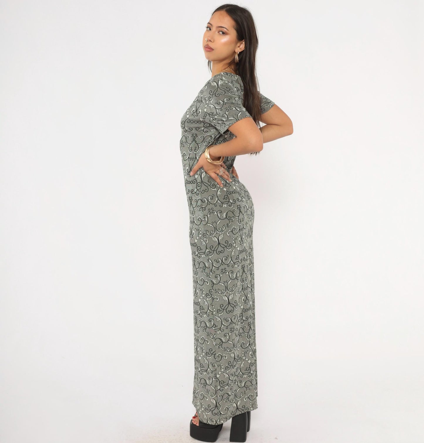 90s Abba Lycra Maxi Dress Baroque Damask Print Charcoal Short Sleeve Large L