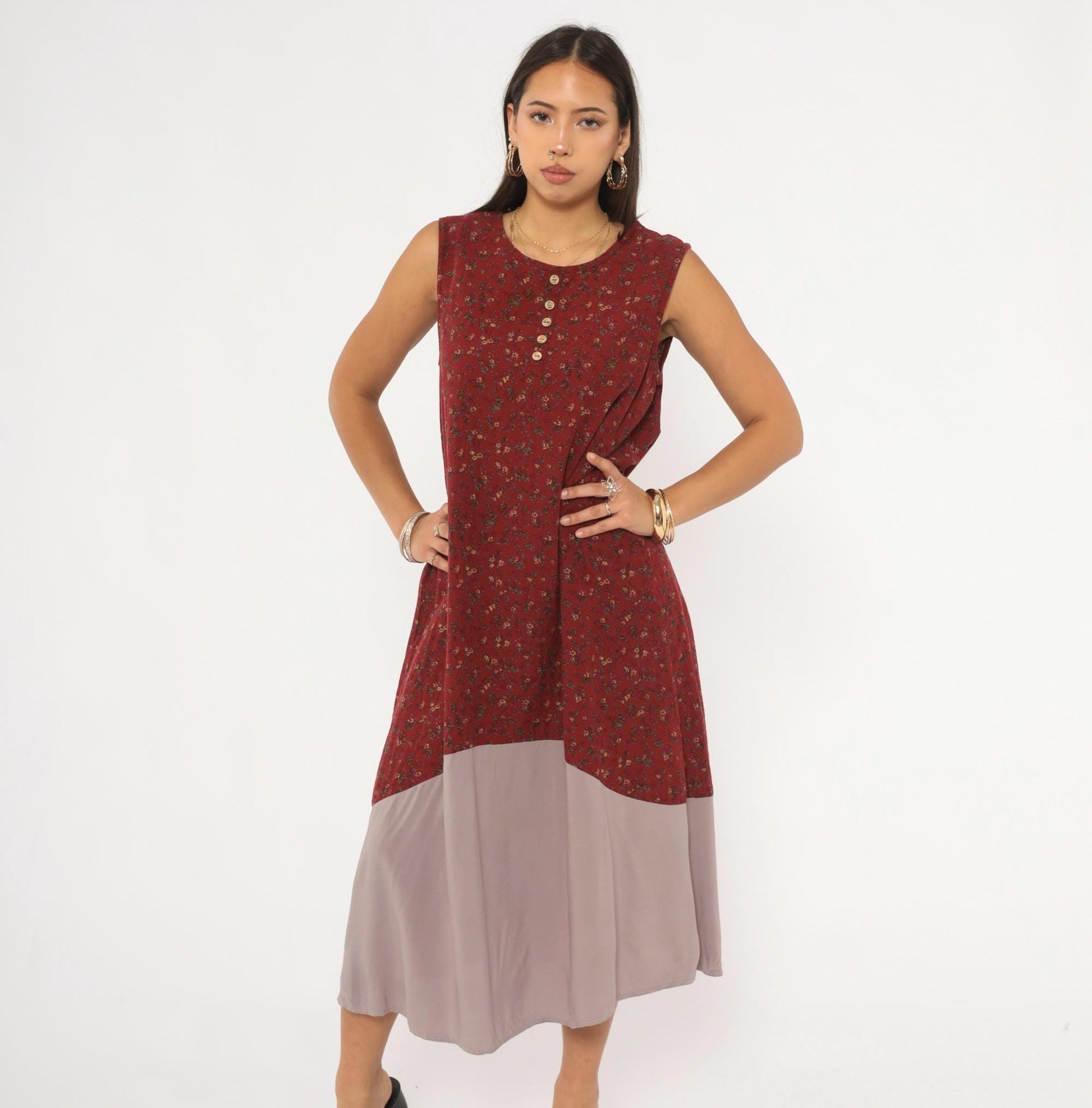 00s Burgundy Floral Ditsy Midi Dress Sleeveless Cotton Shift Small Medium