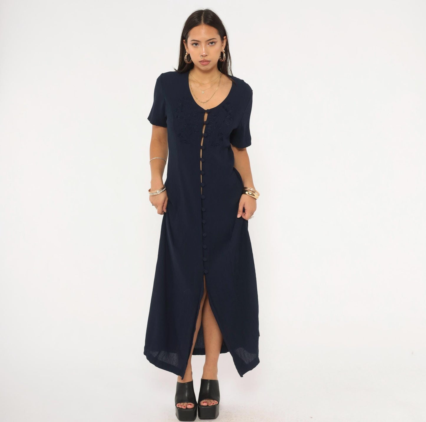 90s Fashion Bug Navy Maxi Dress Floral Embroidery Button Front Medium Large