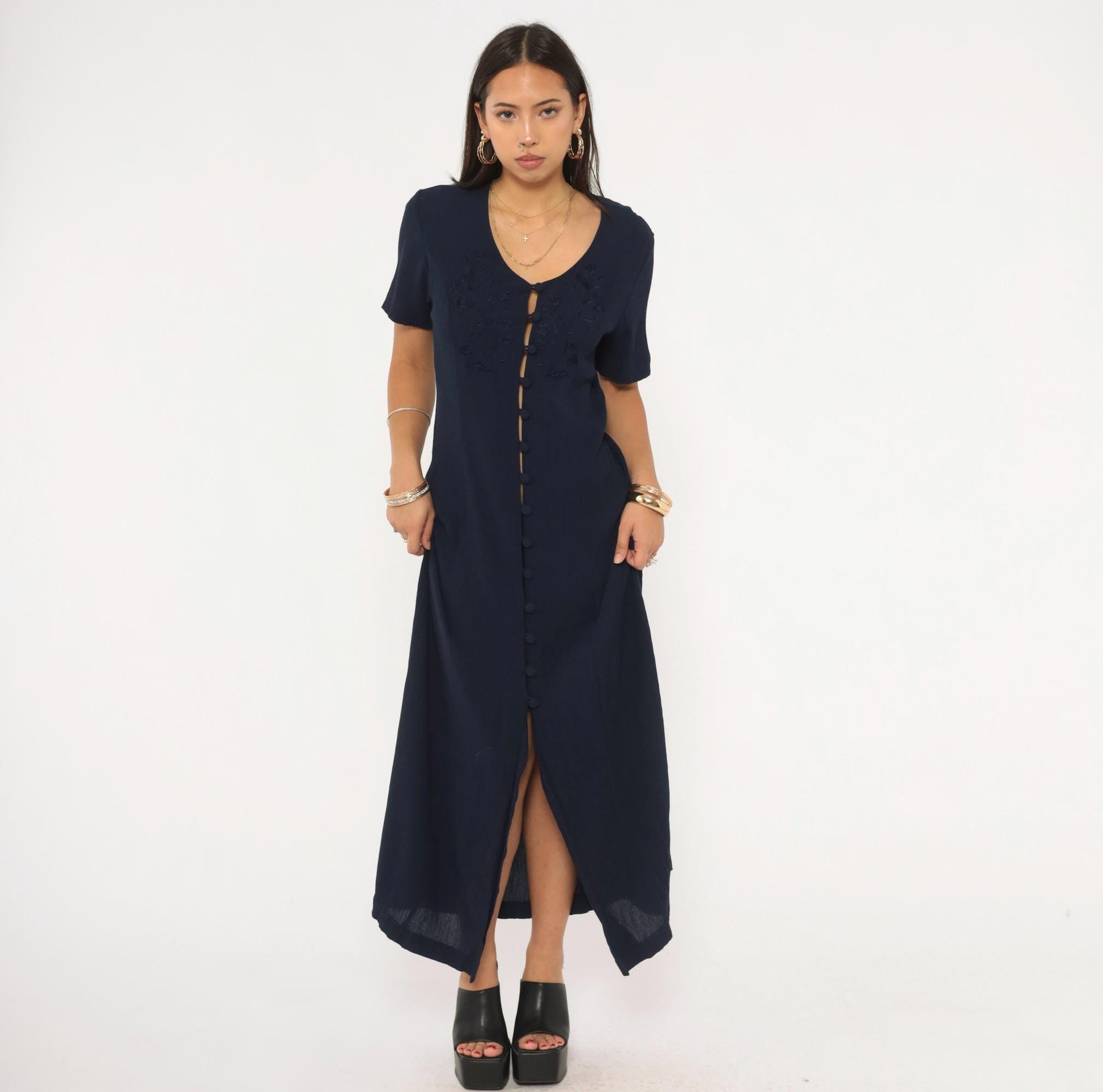 90s Fashion Bug Navy Maxi Dress Floral Embroidery Button Front Medium Large