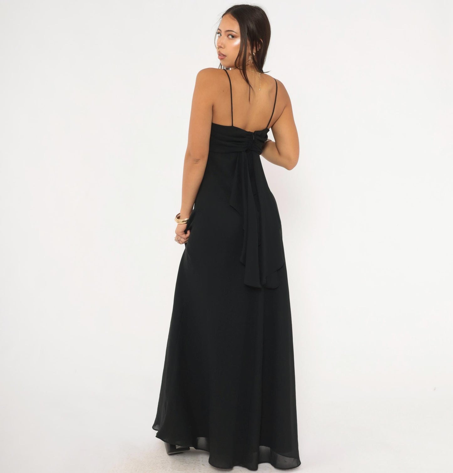 90s Betsy & Adam Black Cowl Neck Maxi Gown Ruched Back Medium M