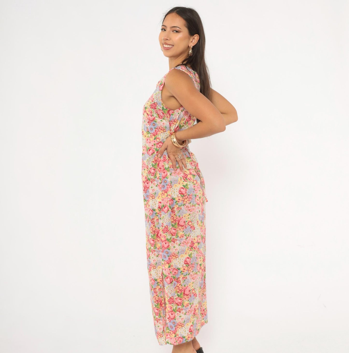 90s Casual Corner Annex Floral Maxi Dress Pink Garden Print Tie Back Small