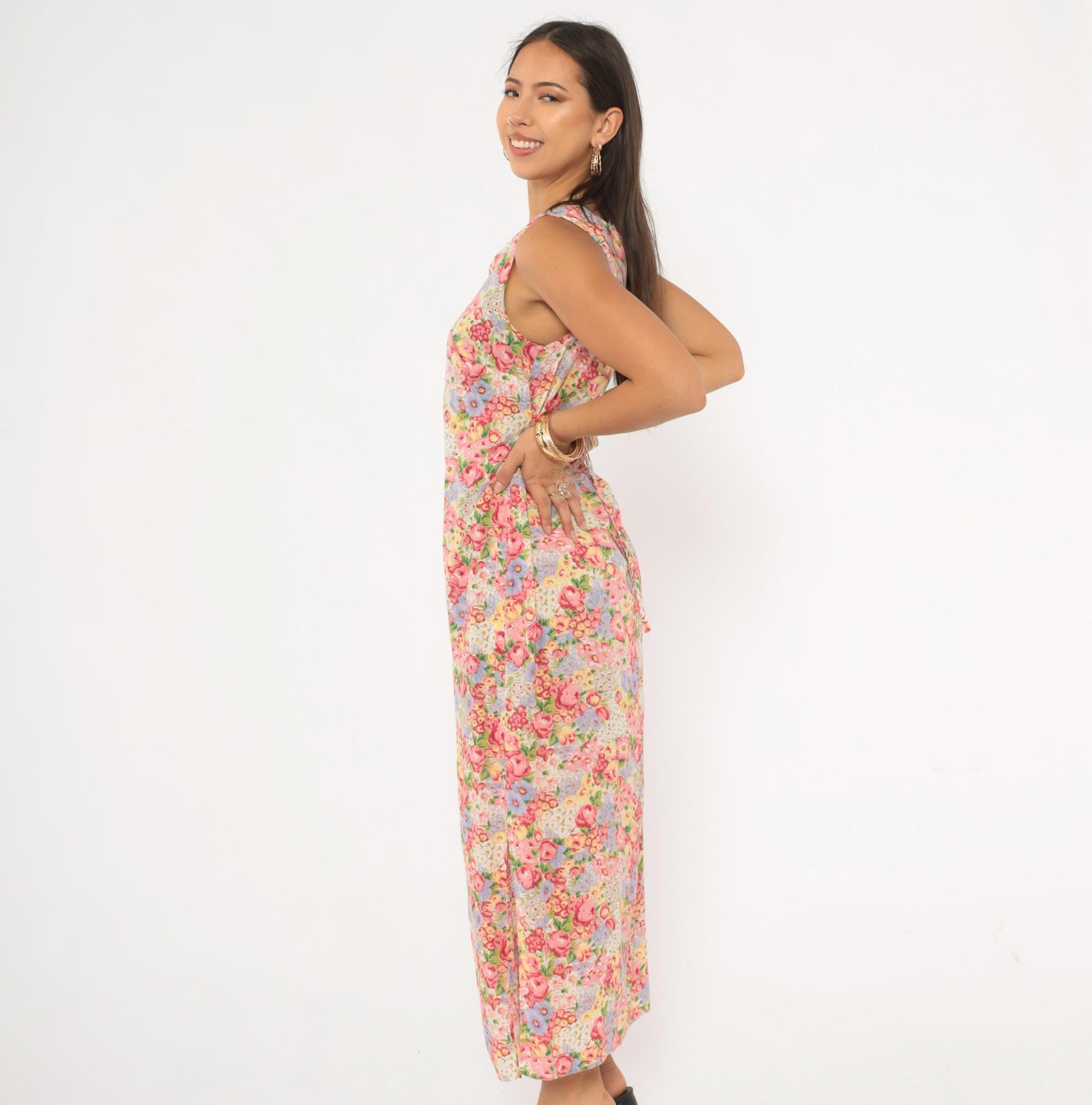 90s Casual Corner Annex Floral Maxi Dress Pink Garden Print Tie Back Small