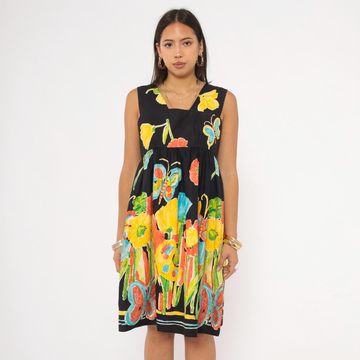 70s Dela Ann Creation Babydoll Dress Black Yellow Butterfly Floral Empire Waist Small