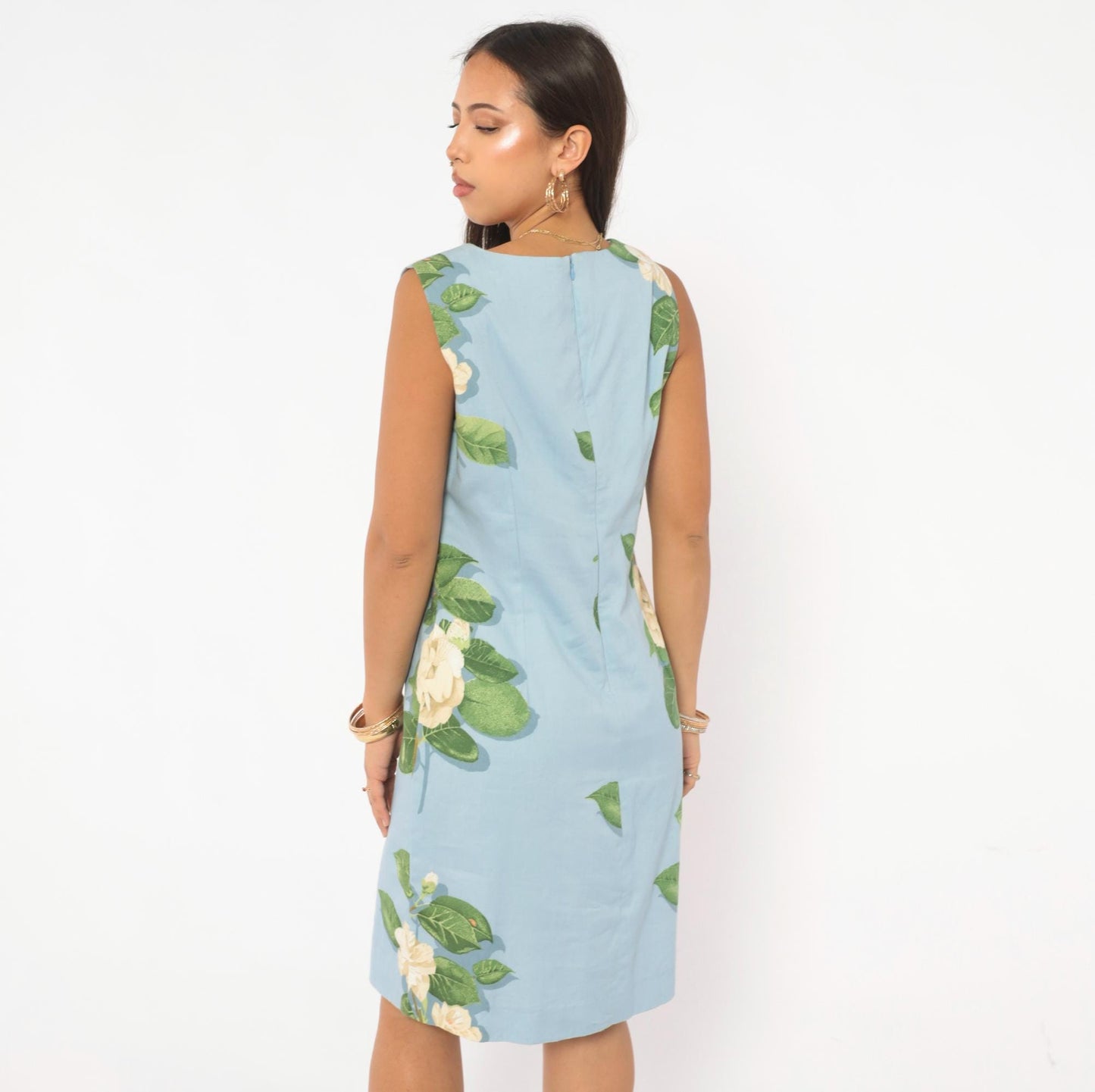 2000s Chris Kellogg Sky Blue Floral Shift Dress Botanical Rose Print Knee Length Medium M