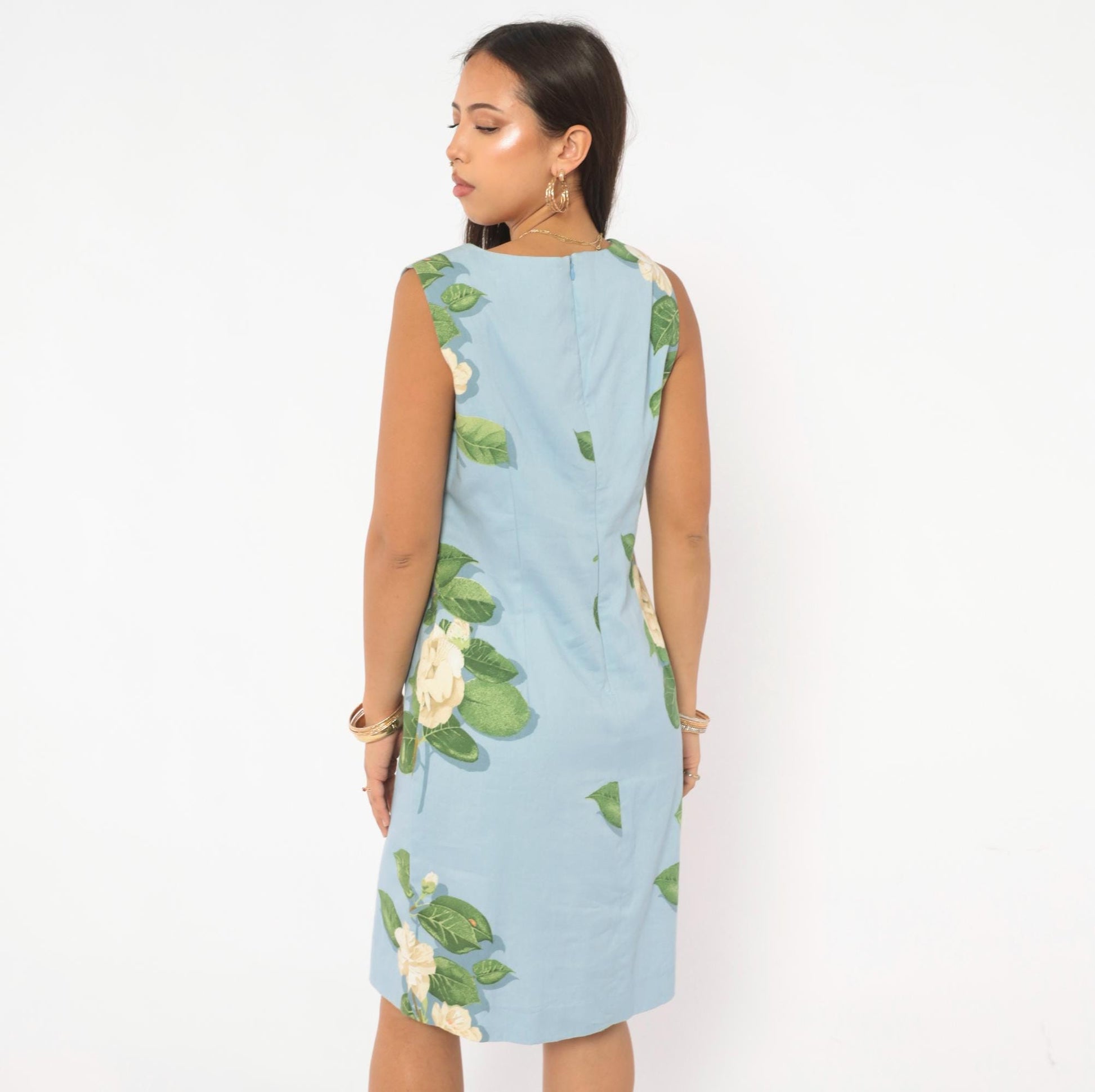 2000s Chris Kellogg Sky Blue Floral Shift Dress Botanical Rose Print Knee Length Medium M