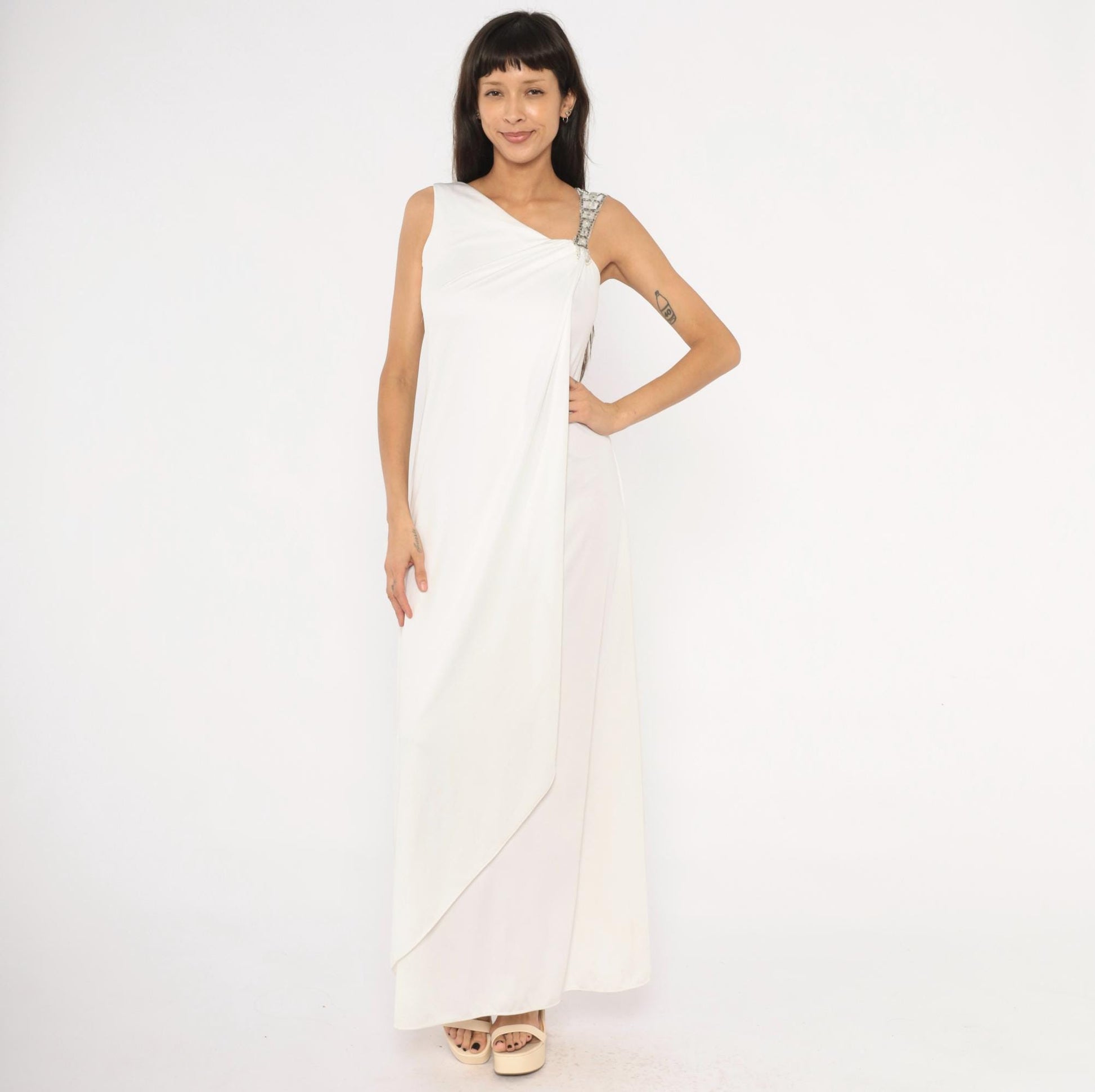 70s White Maxi Gown Asymmetrical Neckline Beaded Crystal Strap Small