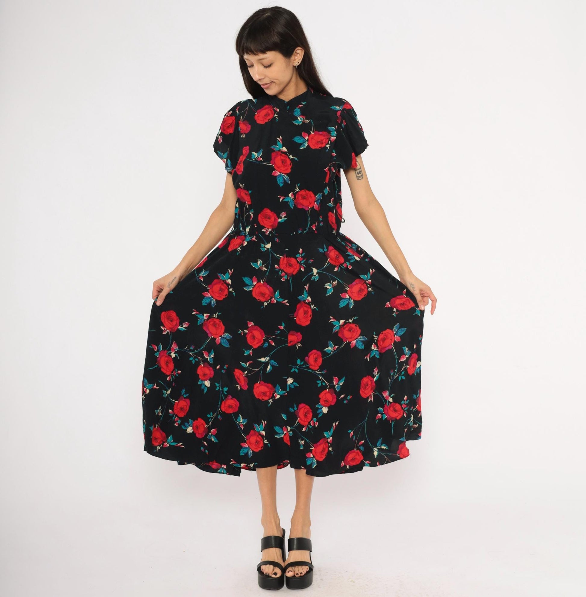 90s Nina Piccalino Black Midi Dress Red Rose Print Mandarin Collar Large L