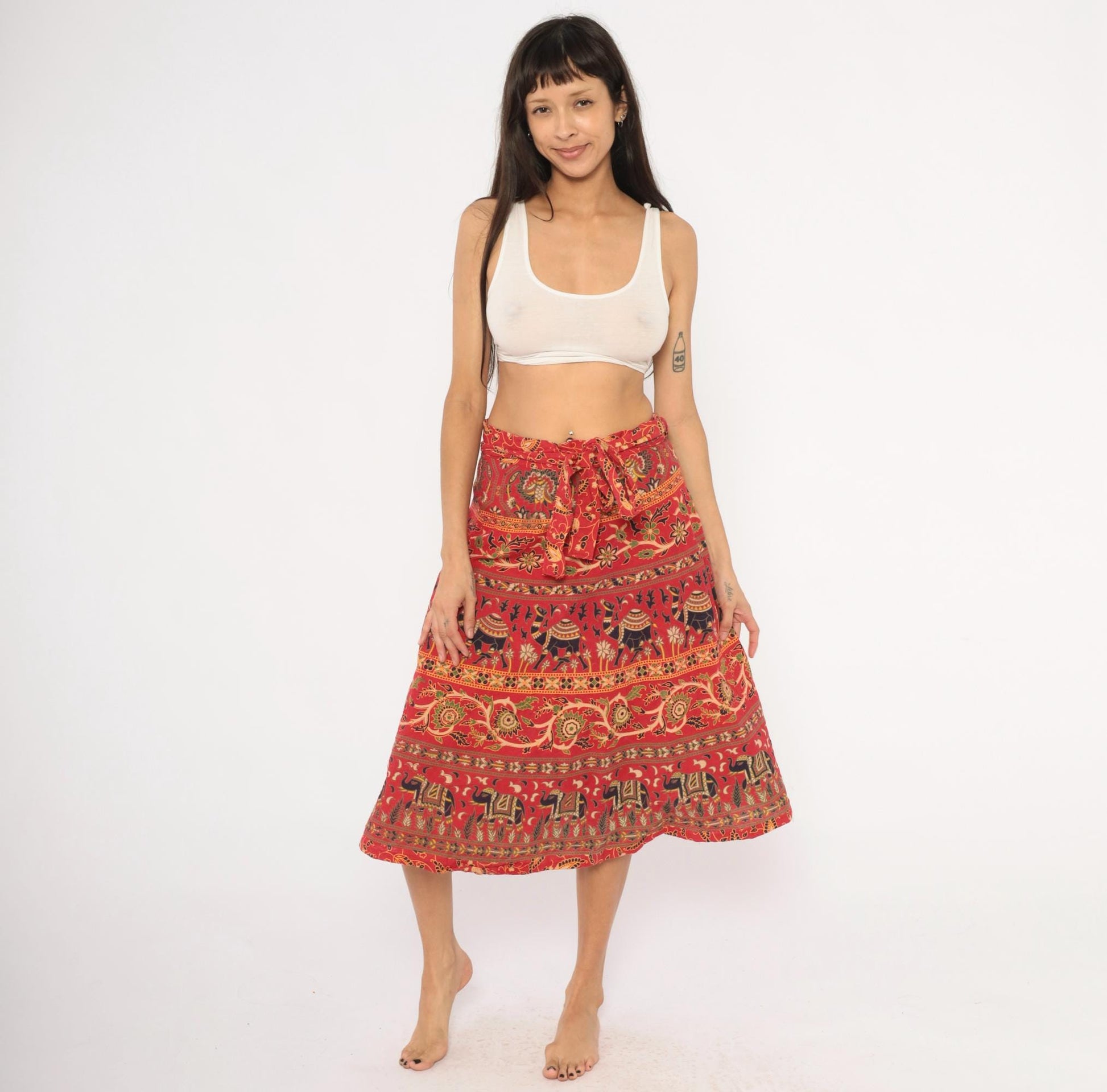 90s Indian Block Print Cotton Wrap Skirt Red Elephant Floral Small