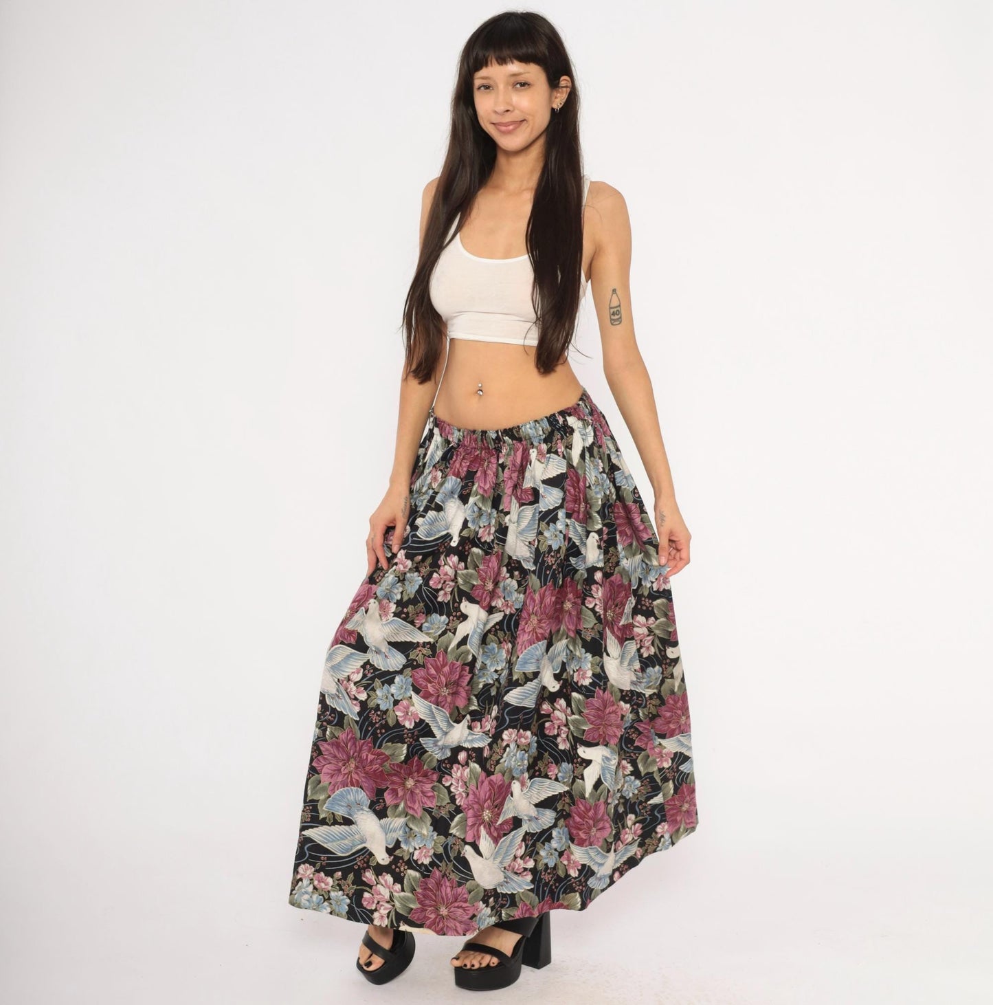 80s Navy Dove Poinsettia Maxi Skirt Cotton Floral A-Line Medium Large