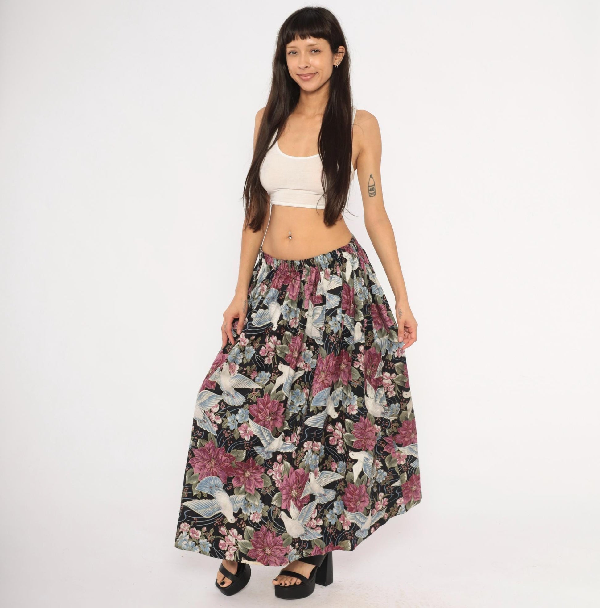 80s Navy Dove Poinsettia Maxi Skirt Cotton Floral A-Line Medium Large