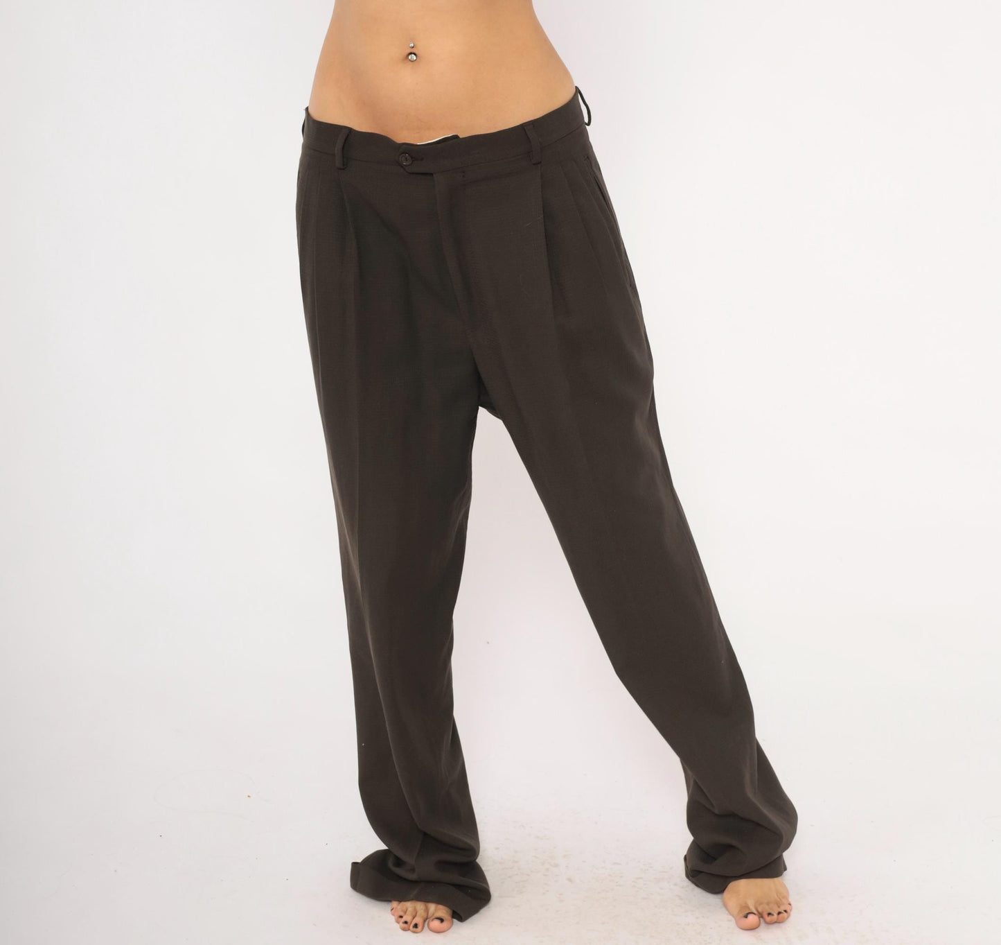 70s Wool Pleated Trousers Brown Micro-Check Wide Leg Dress Pants 36x33