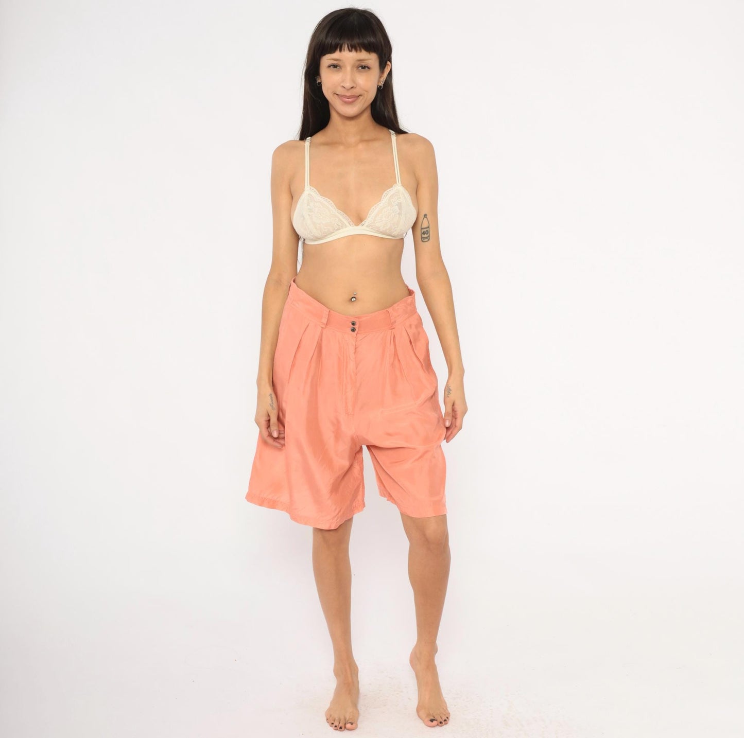 90s Forenza Silk Bermuda Shorts Peach Pleated High Waist Small S