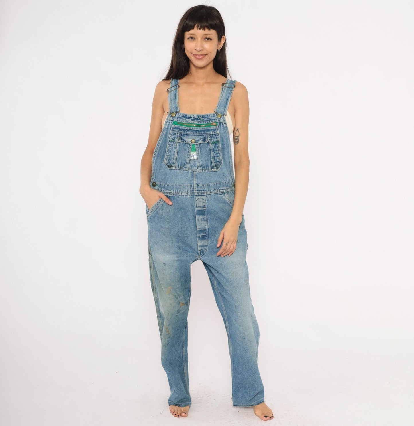 90s Liberty Denim Bib Overalls Green Zipper Distressed Workwear Medium