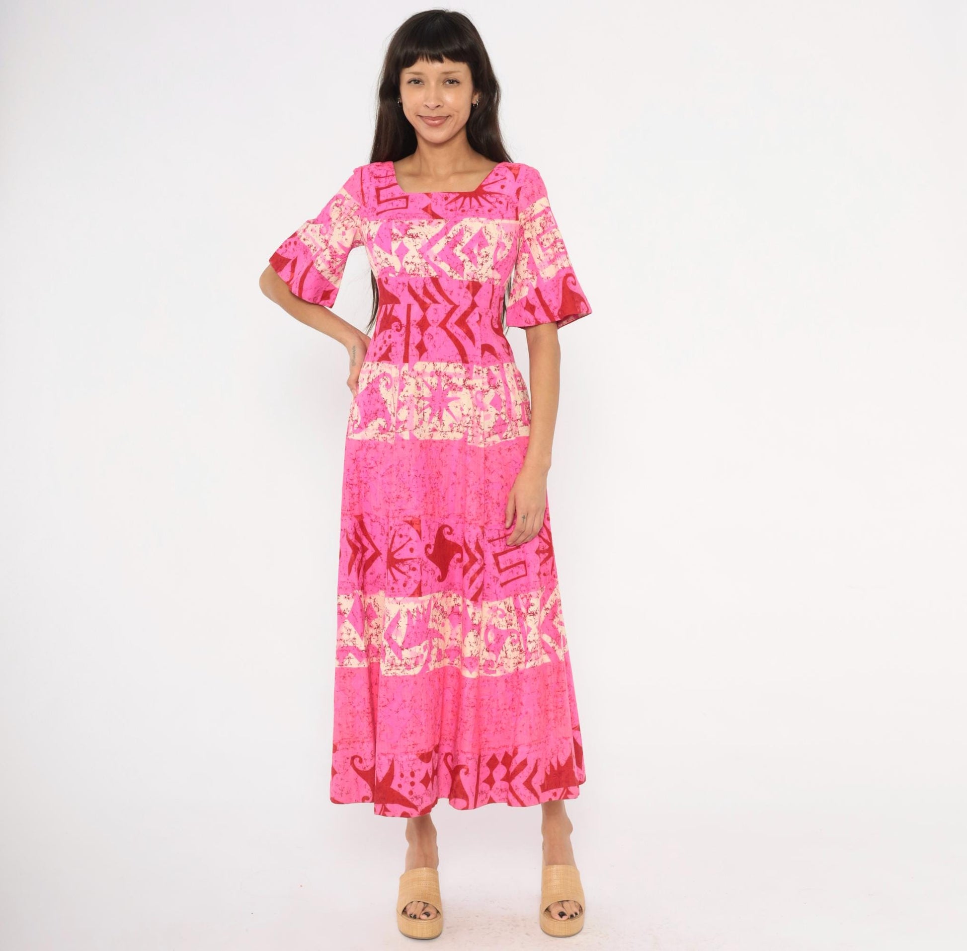 70s Holiday Sportswear Hot Pink Batik Maxi Dress Bell Sleeve Square Neck XS