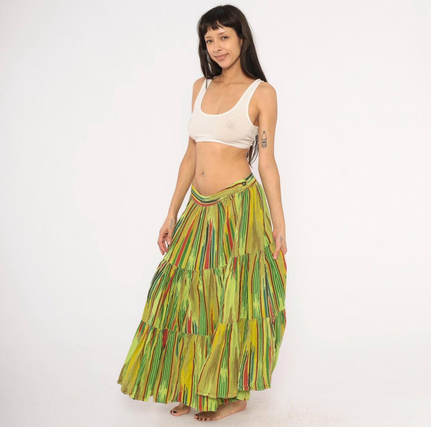 2000s Mason's Ikat Tiered Maxi Skirt Green Yellow Red Woven Large L