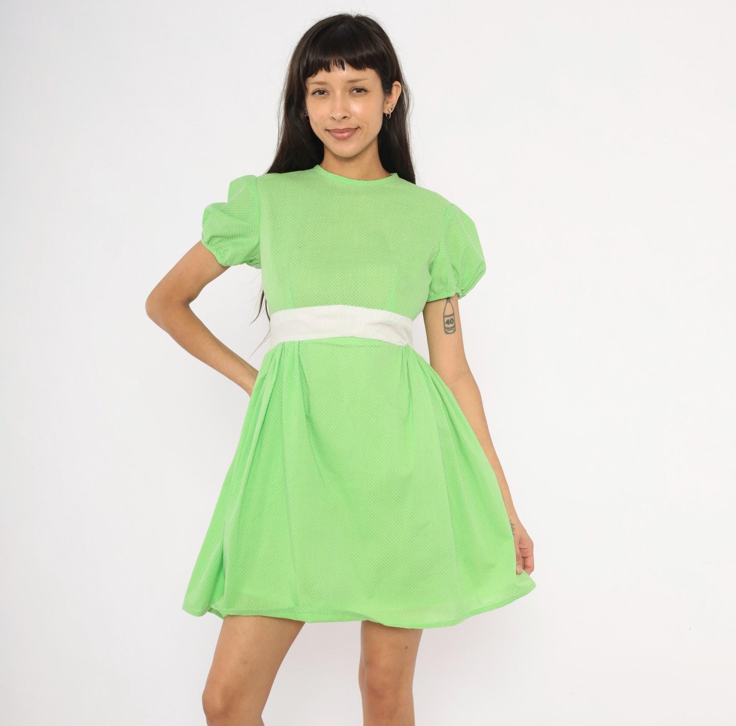 70s Lime Green Polka Dot Puff Sleeve Mini Dress Cotton Bow Waist Small S