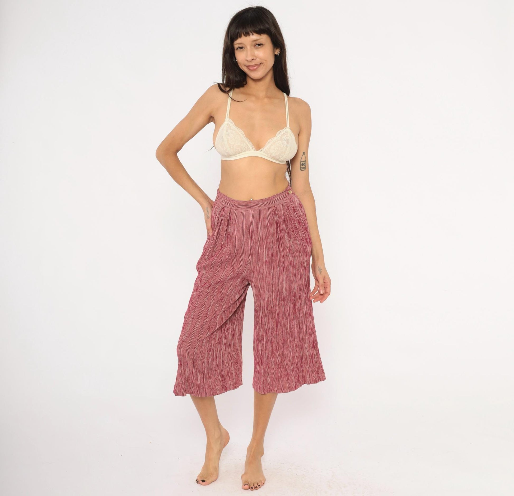 80s Leslie Fay Burgundy Striped Pleated Culottes Wide Leg Cropped Medium