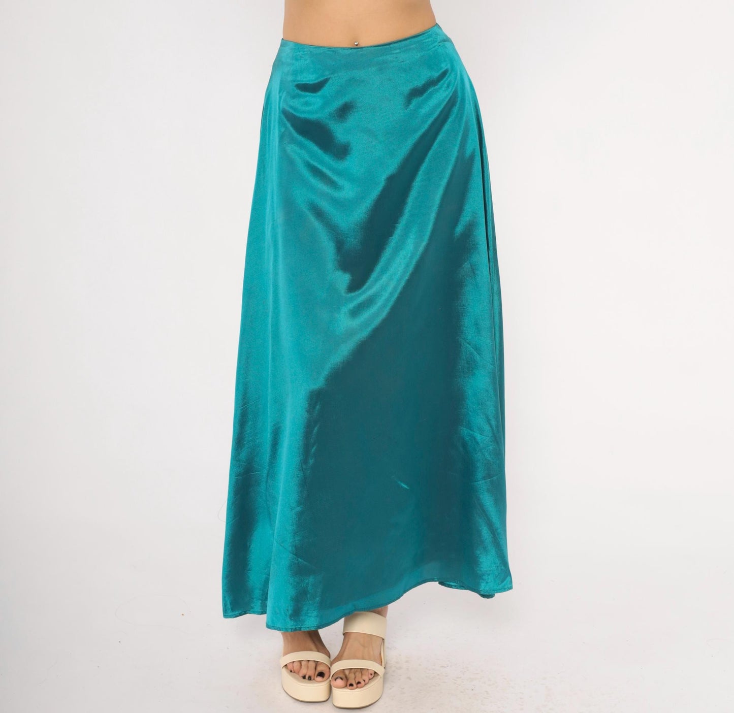 90s Star CCC Teal Satin A-Line Maxi Skirt High Waist Small S