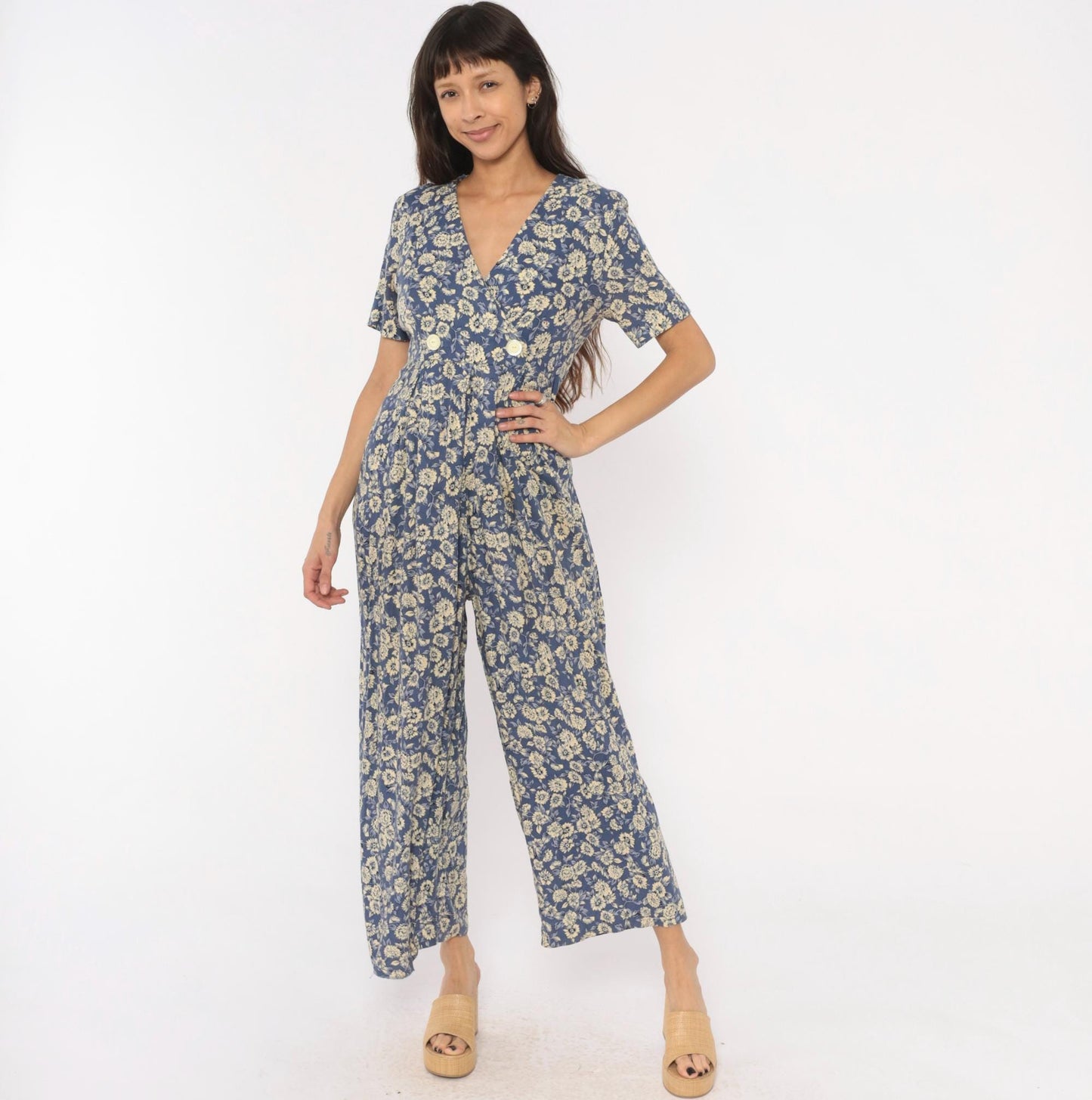 90s Jeffrey & Dara Floral Jumpsuit Cobalt Blue Wide Leg Wrap V Neck Medium M