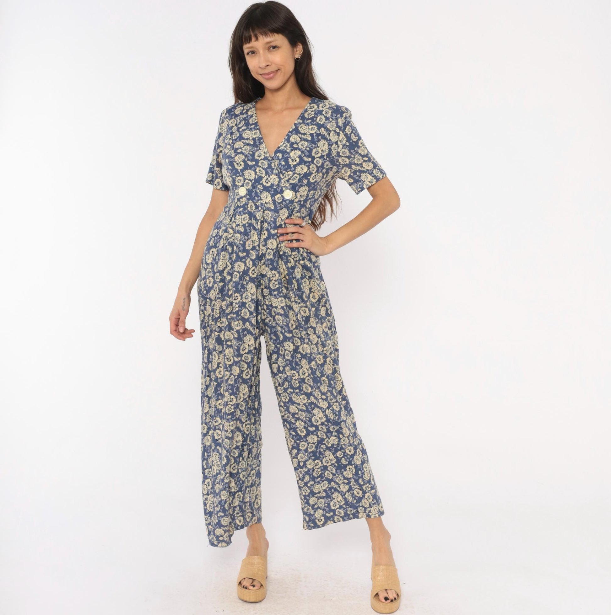 90s Jeffrey & Dara Floral Jumpsuit Cobalt Blue Wide Leg Wrap V Neck Medium M