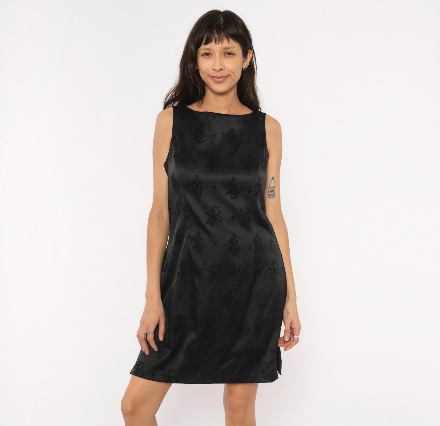 90s City Triangles Black Damask Floral Jacquard Mini Dress Boat Neck Large L