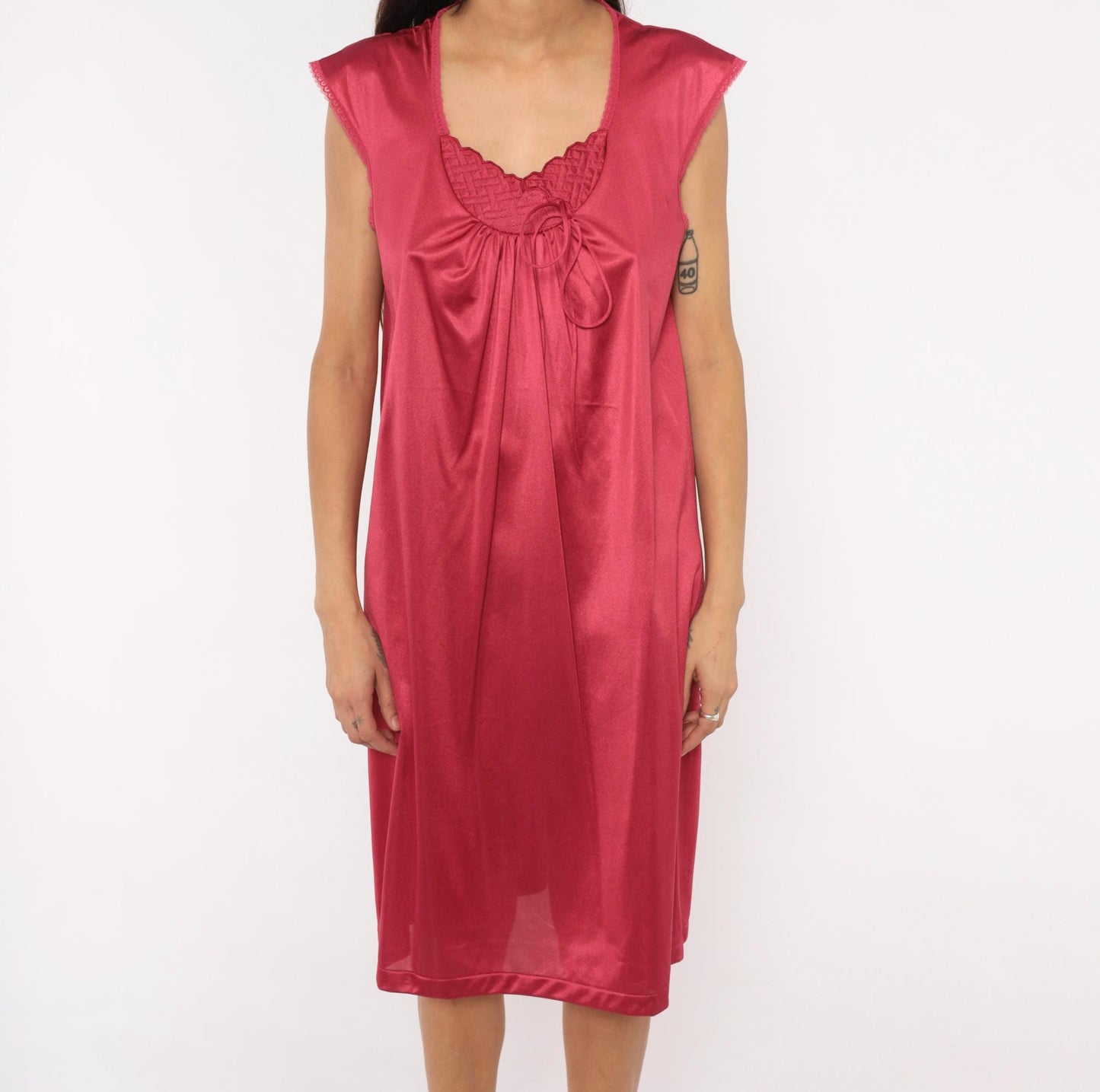 80s JCPenney Burgundy Nightgown Scalloped Yoke Cap Sleeve Knee-Length Medium
